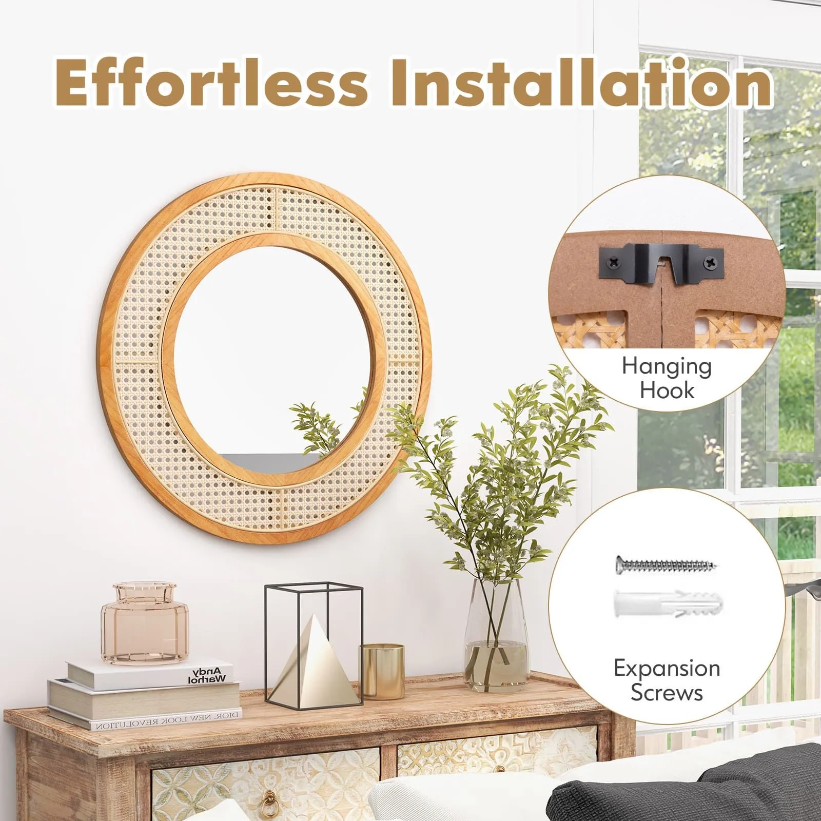 Costway Rattan Round Wall Mirror 65 cm Wooden Framed Mirror in Natural 6