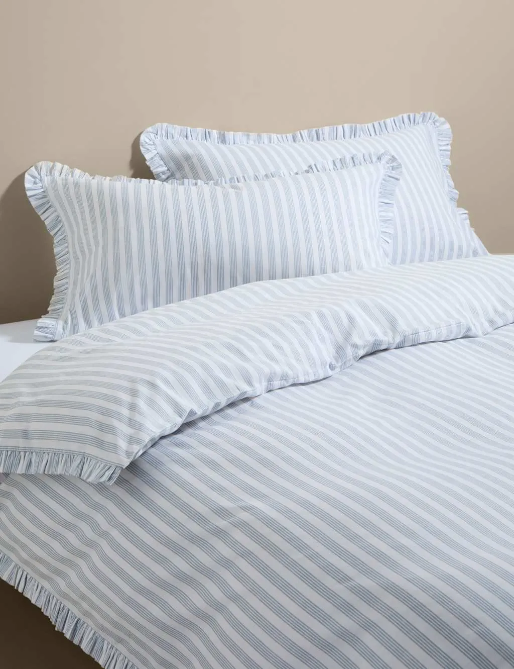 M&S Pure Cotton Narrow Stripe Ruffle Bedding Set Blue Mix