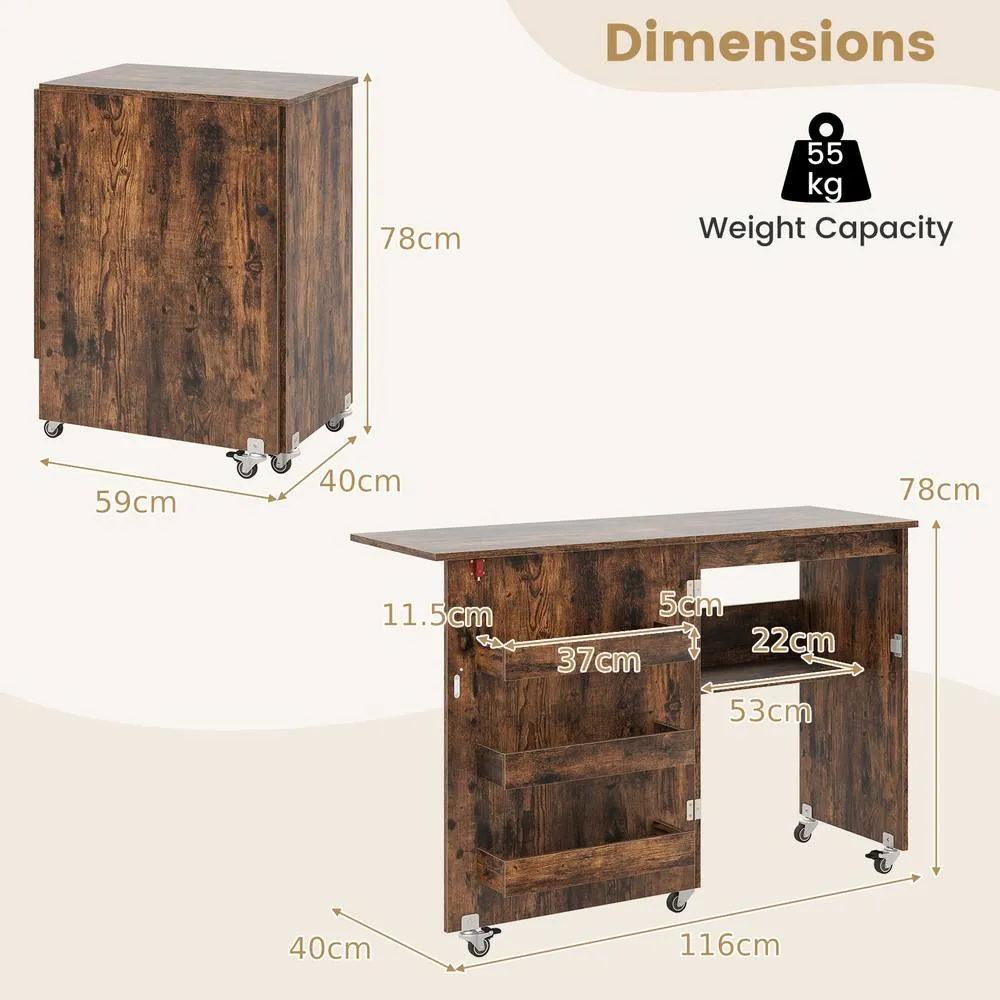 Costway Folding Sewing Table Mobile Sewing Machine Desk Rolling Craft Station in Brown 2