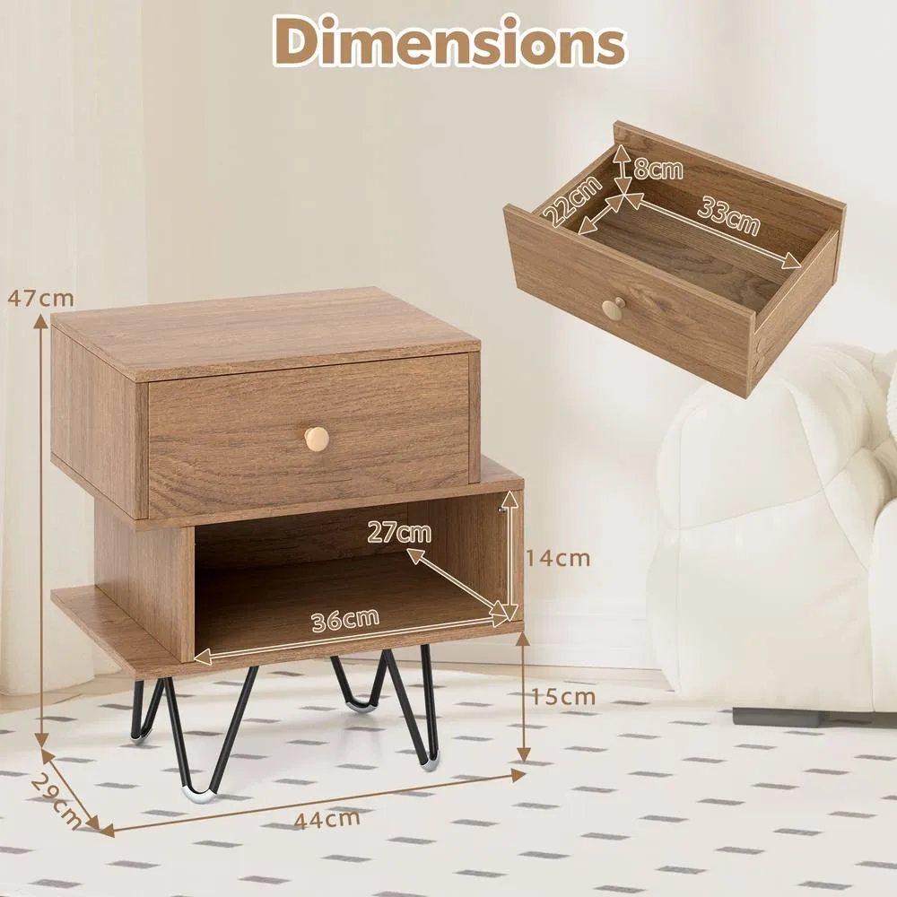 Costway Nightstand Set of 2 Mid Century Modern End Tables with Drawer-Natural in Brown 2