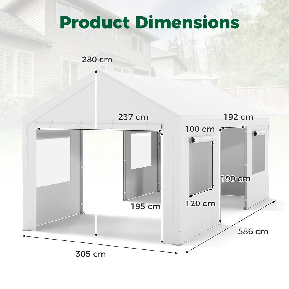 Costway 10 x 19 FT Car Canopy w/ Roll-Up Windows & Removable Doors Car Shelter in White 2