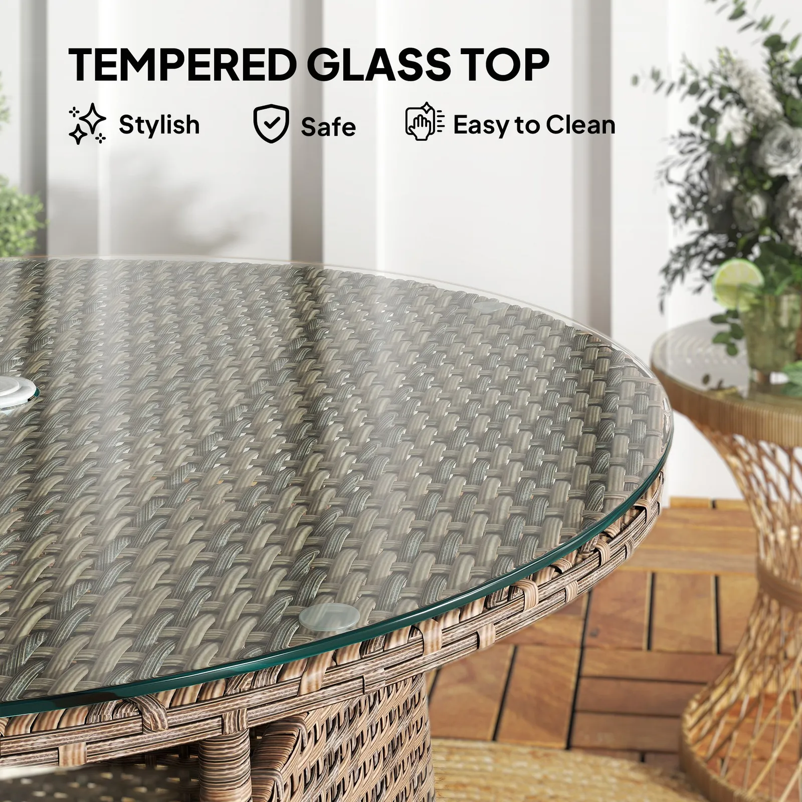 OUTSUNNY Wicker Garden Rattan Table with Umbrella Hole & Tempered Glass Top in Brown 6