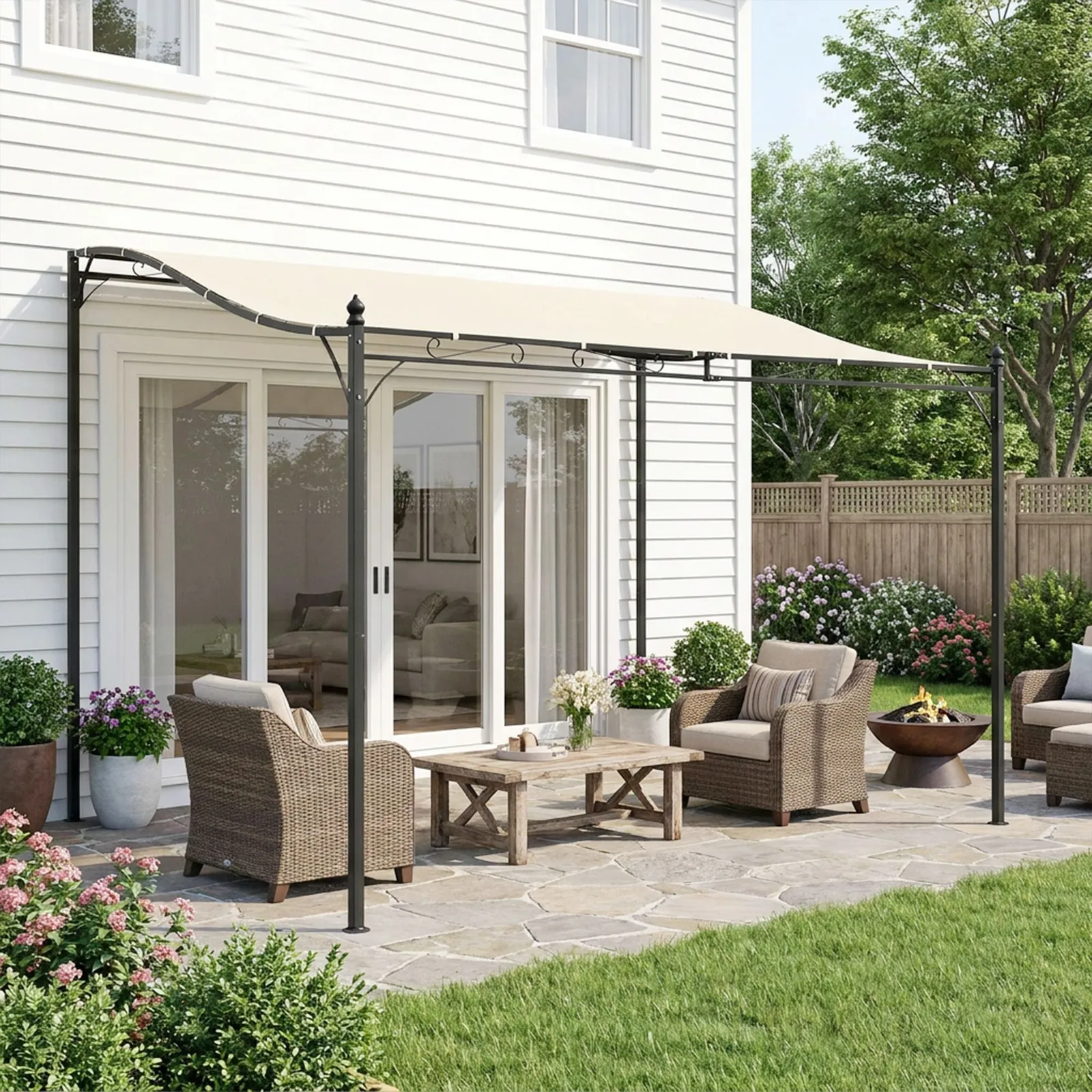 OUTSUNNY 3 x 3M Wall Mounted Awning Free Stand Canopy Shade Garden Porch Pergola in Beige 2