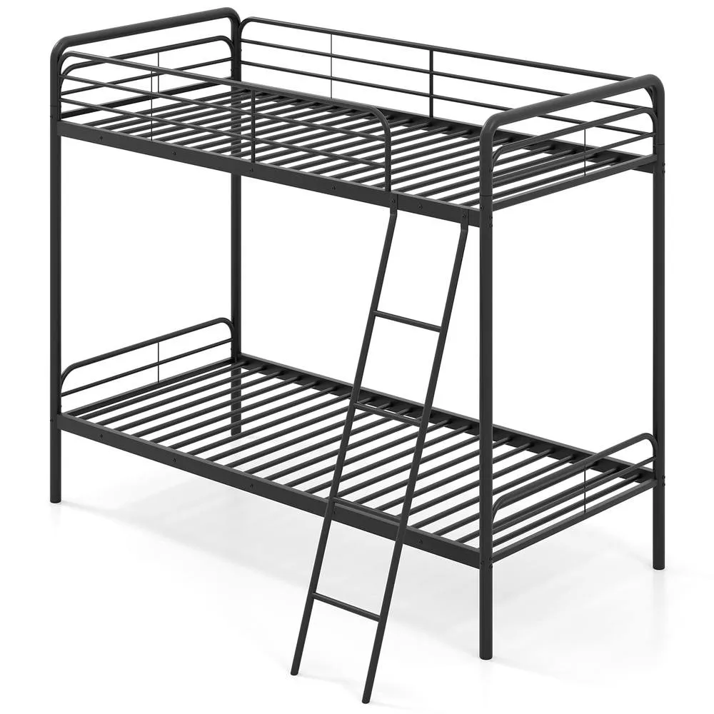 Costway Metal Bunk Bed Heavy Duty Single Over Single Bunk Bed w/Ladder-Black in Black