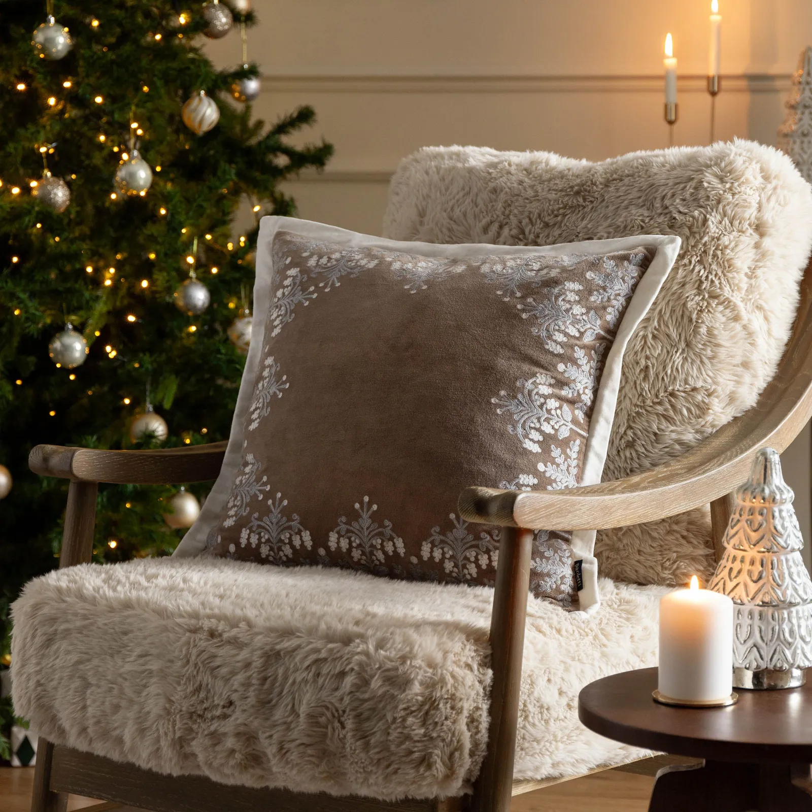 Paoletti Winter Bloom 100% Cotton Embroidered Cushion in Taupe