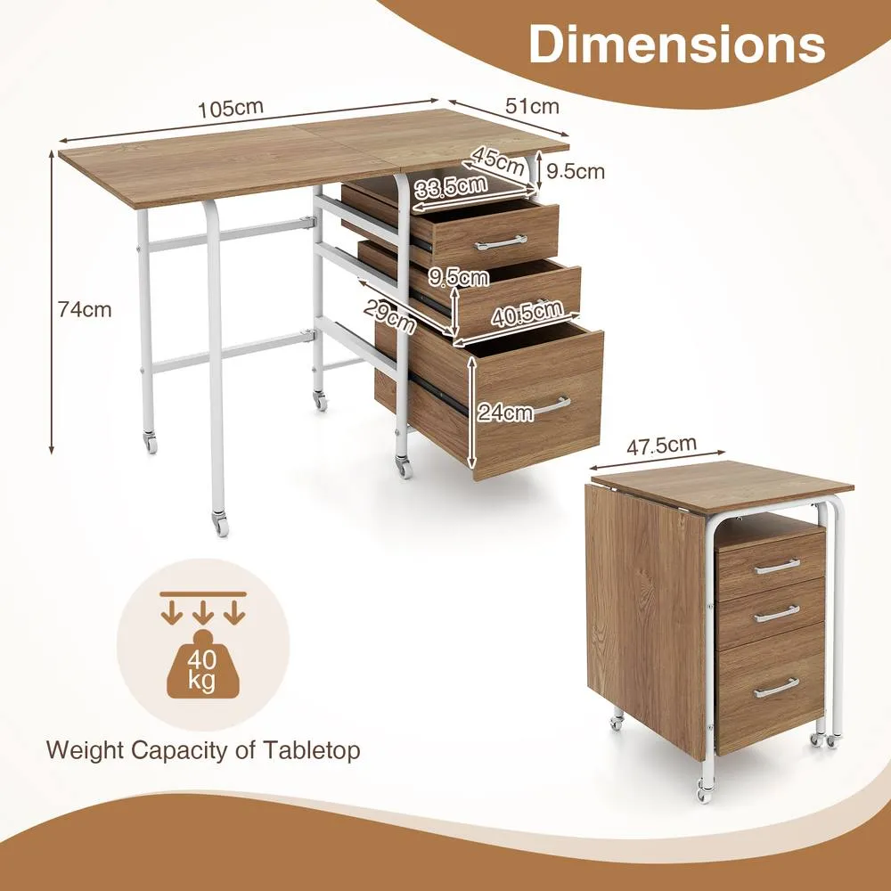 Costway Folding Desk with 3 Drawers Convertible Computer Desk in Natural 2
