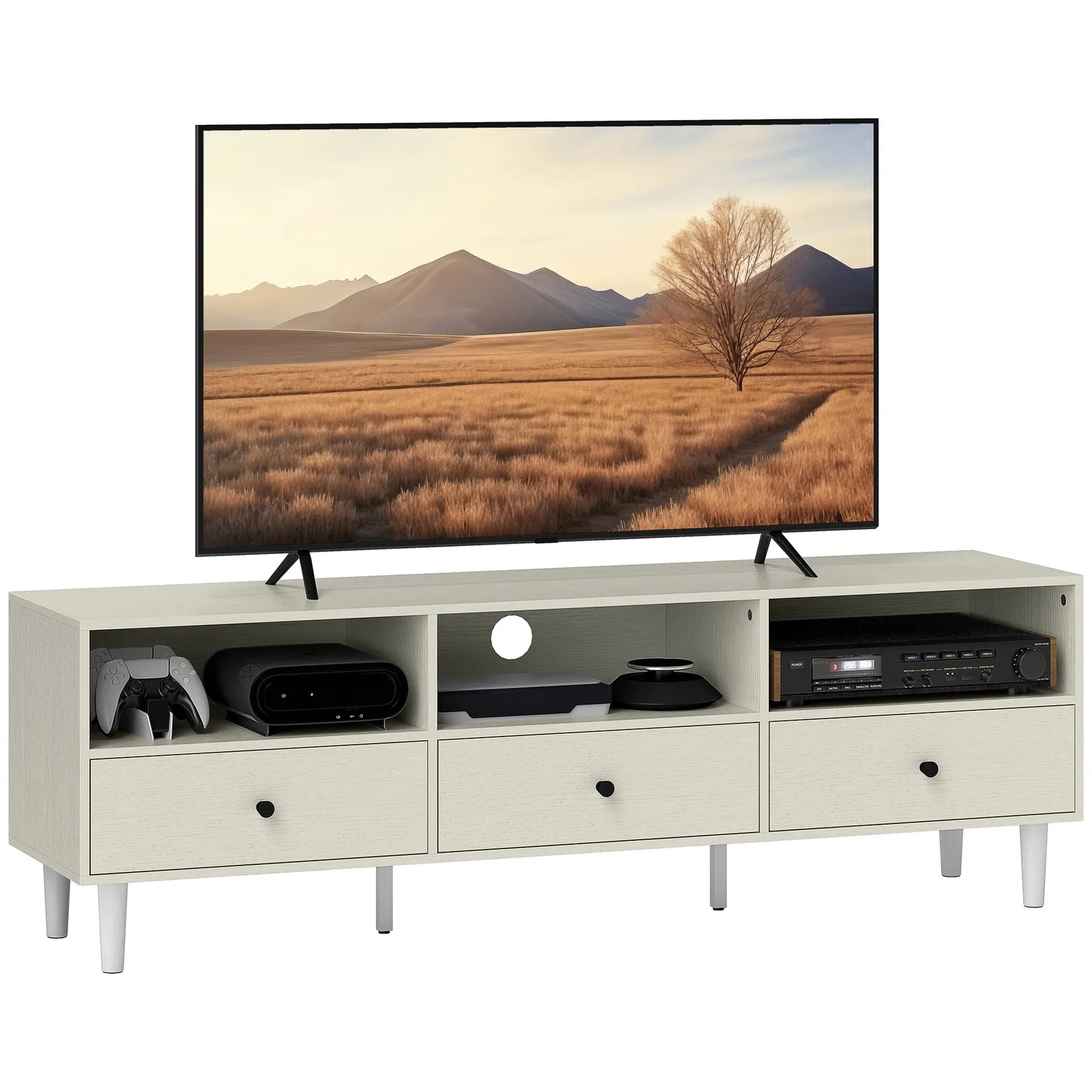 HOMCOM TV Unit, TV Cabinet for up to 75", with Drawers, Shelves, Cream White 2