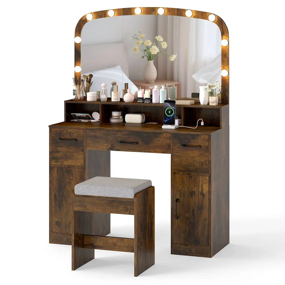 Costway 108 CM Wide Dressing Table Vanity Desk with Stool in Brown 3