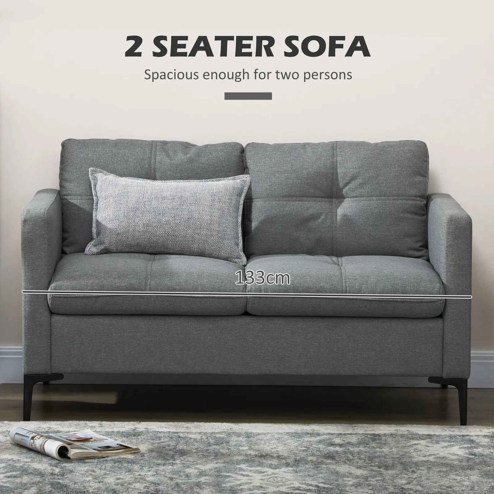 HOMCOM 133cm 2 Seater Sofa for Living Room Loveseat Sofa with Steel Legs in Dark Grey 4