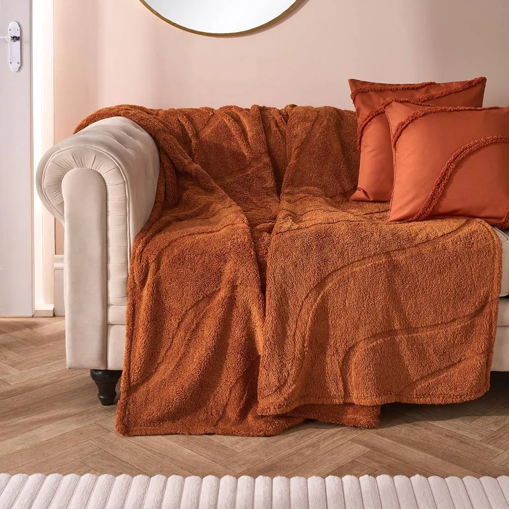 OHS Tufted Contour Throw Teddy Fleece Blanket Winter Soft Warm Bedspread in Burnt Orange