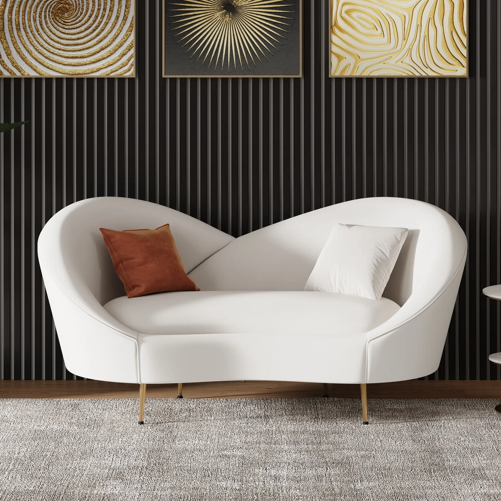 160 cm Modern White Velvet Upholstered Large 2-Seater Curved Sofa