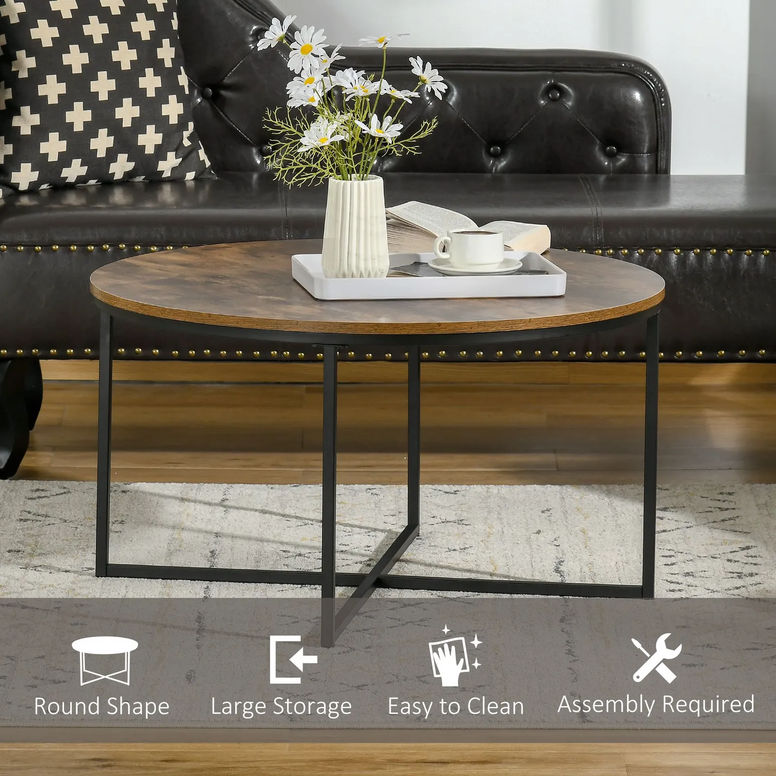 HOMCOM Coffee Table Industrial Round Side Table Metal Frame Living Room in Brown 4