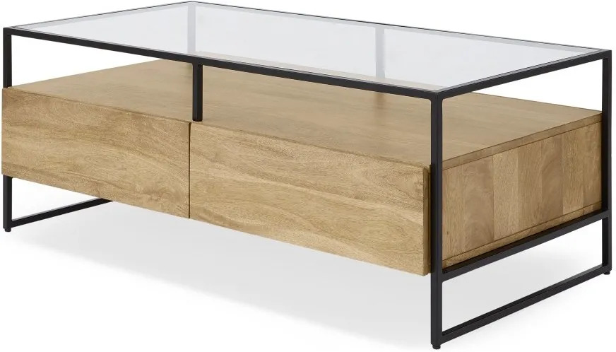 Kilby Storage Coffee Table, Light Mango Wood and Glass