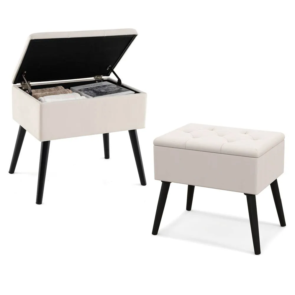 Costway Velvet Storage Ottoman Flip Top Stool w/ Solid Wood Legs in Beige 3