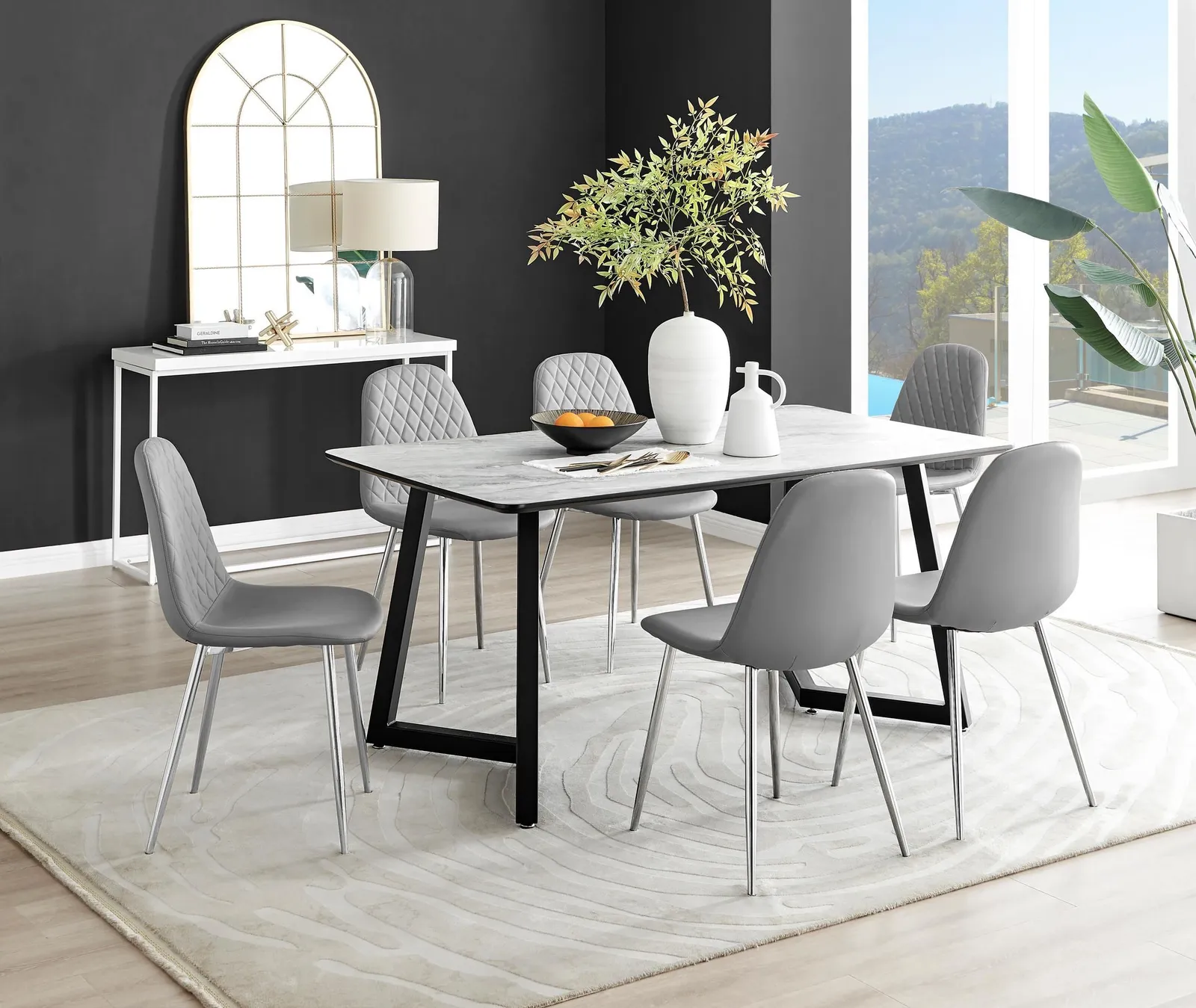 FurnitureboxUK Carson White Marble Effect Dining Table & 6 Corona Silver Chairs in Grey