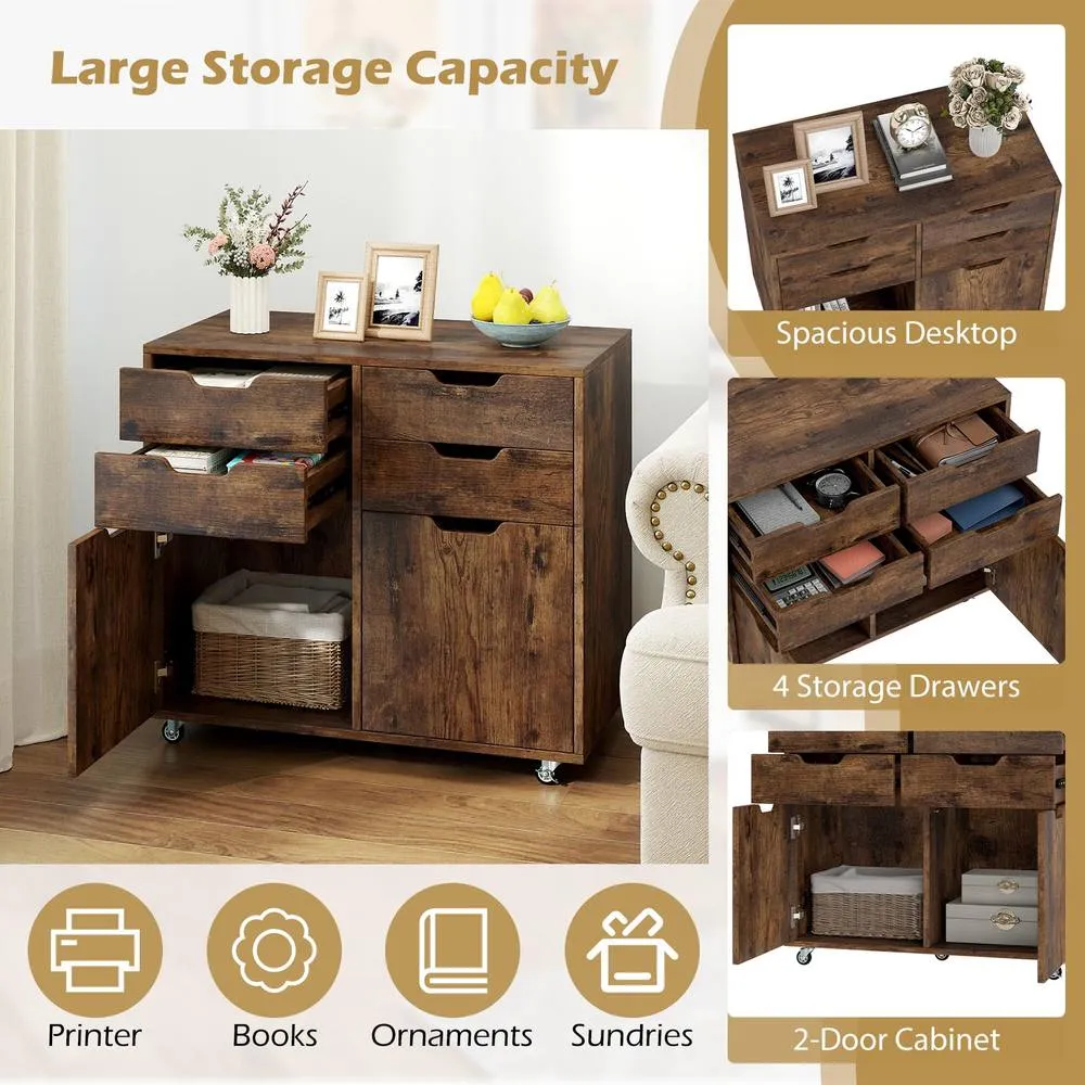 Costway 4 Drawer Dresser Chest Mobile Storage Cabinet w/Universal Wheels in Brown 4