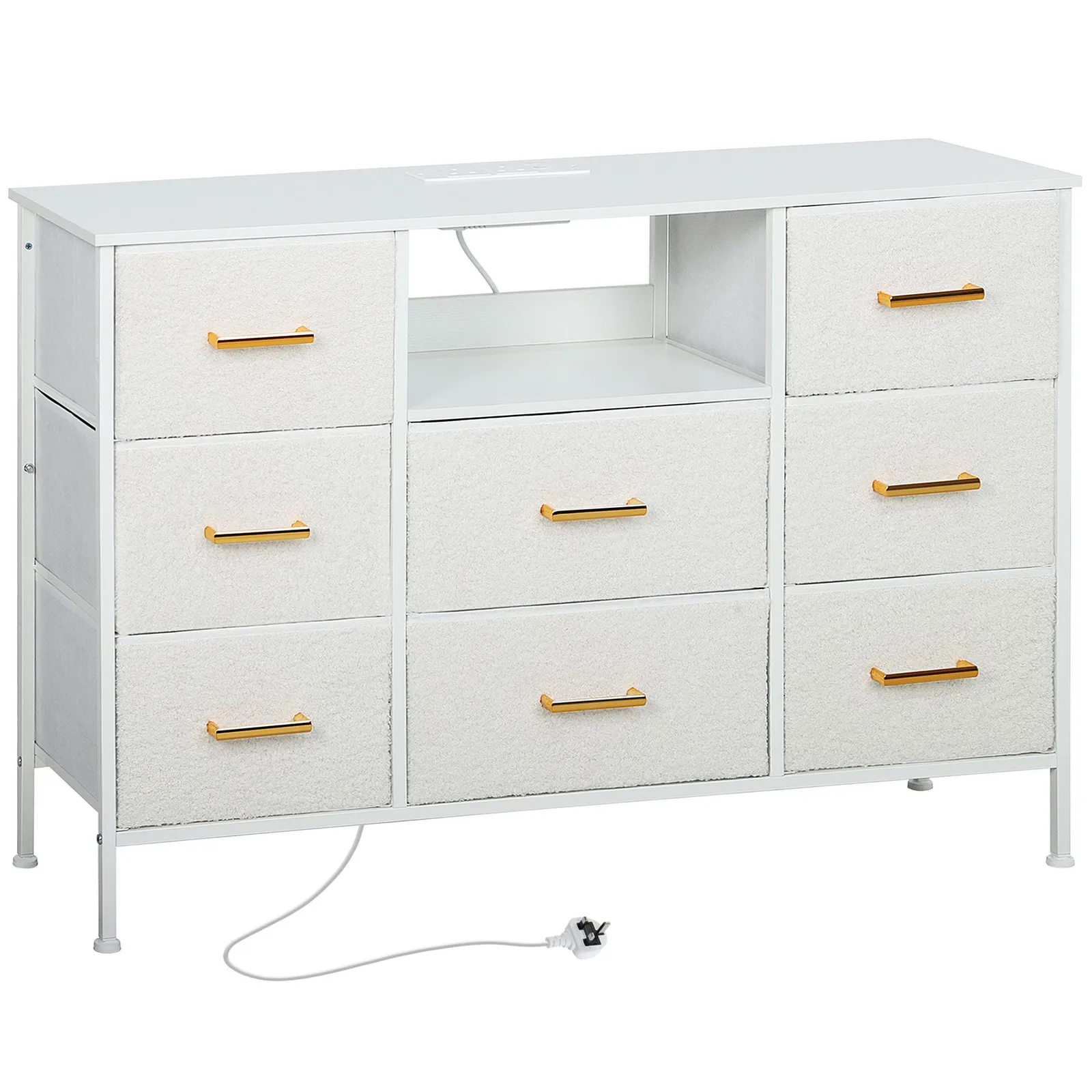 HOMCOM Boucle Chest of Drawers, 2 USB & 2 AC Ports, 8 Drawers Dresser in White 2