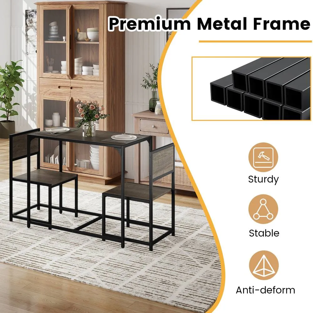 Costway 3 PCS Industrial Dining Table Set Rectangular Kitchen Table & 2 Chairs in Grey 4