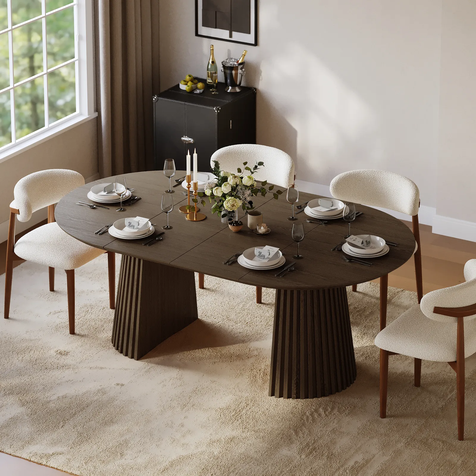 Modern 120 - 200 cm Extendable Smoky Brown Wood Dining Table with Fluted Base, Seats 4-6