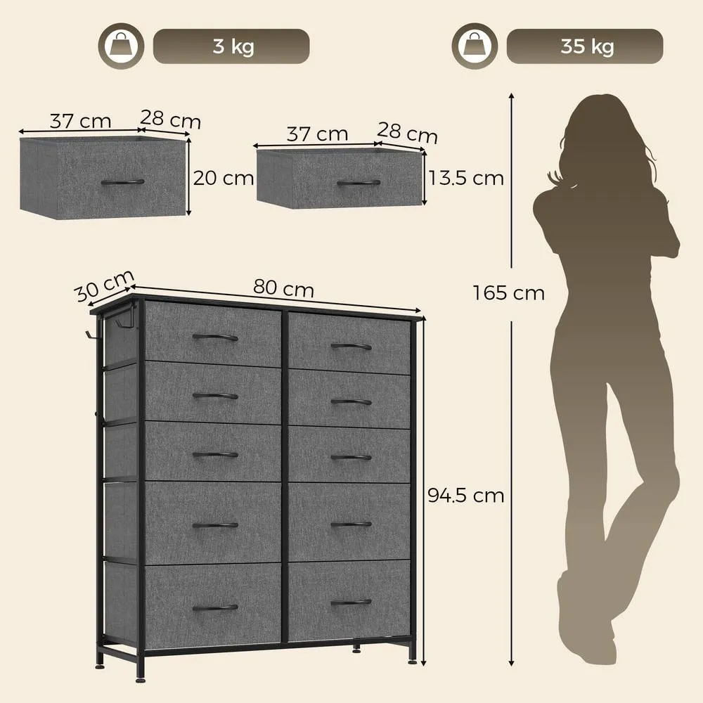 HOMCOM Fabric Chest of Drawers, 10 Drawer Dresser for Bedroom, Grey 3