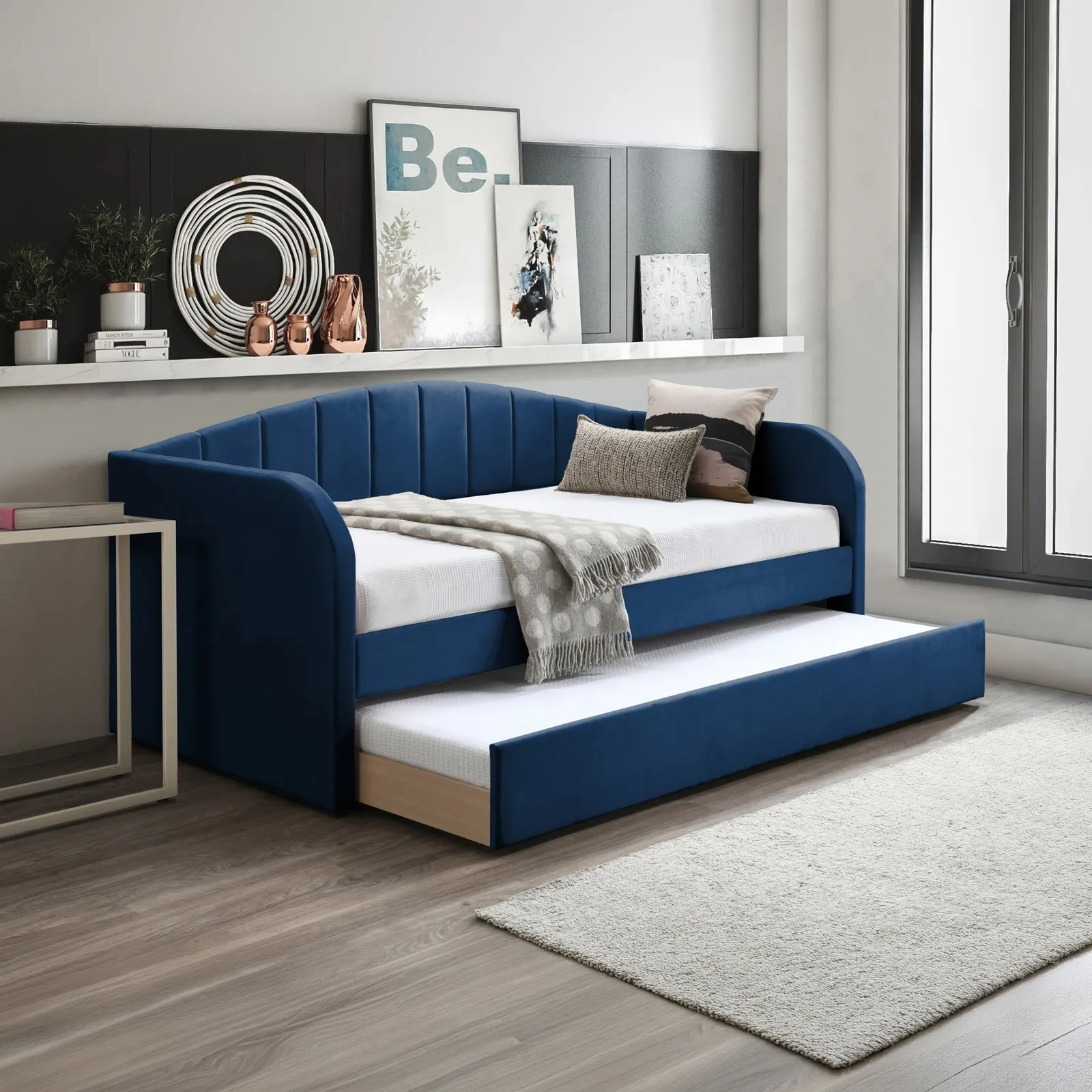 Fabulous - Single - Day Bed with Underbed Trundle - Blue- Fabric - 3ft - Happy Beds