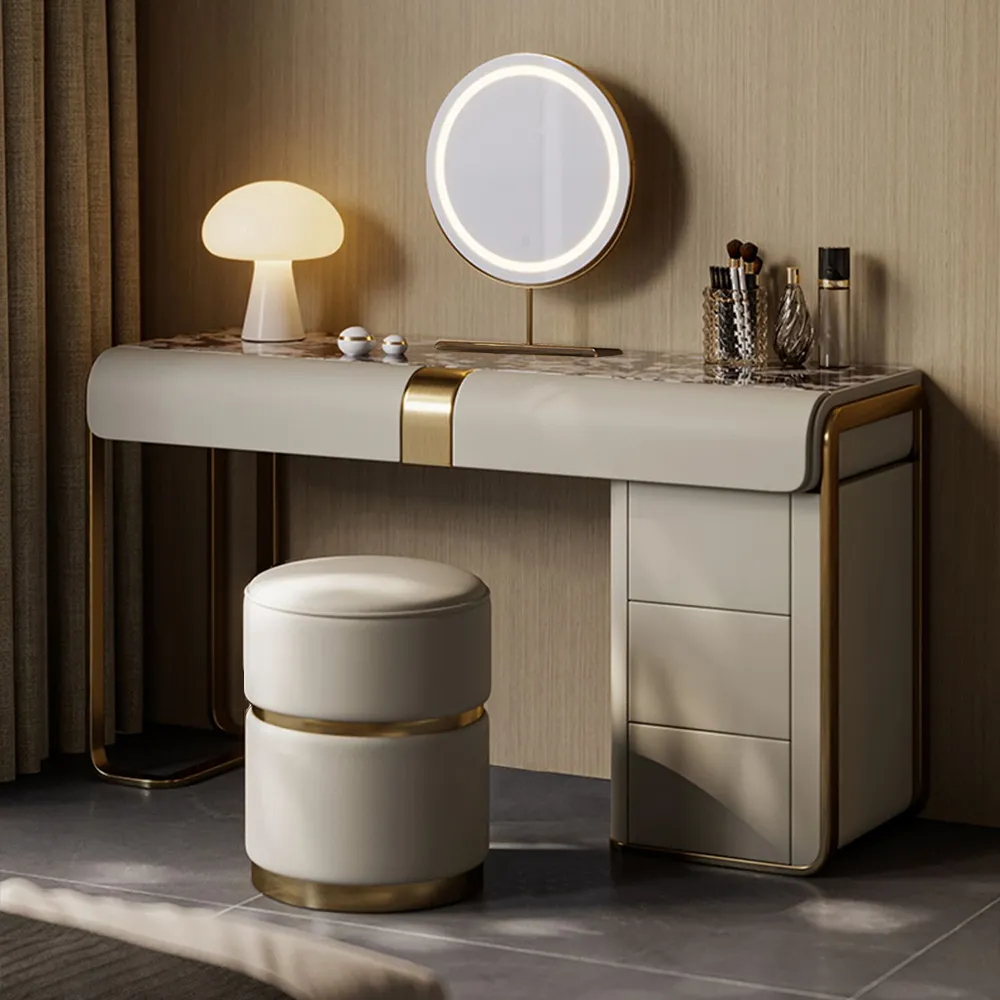 modern grey dressing table set with cabinet, dressing table with mirror and stool