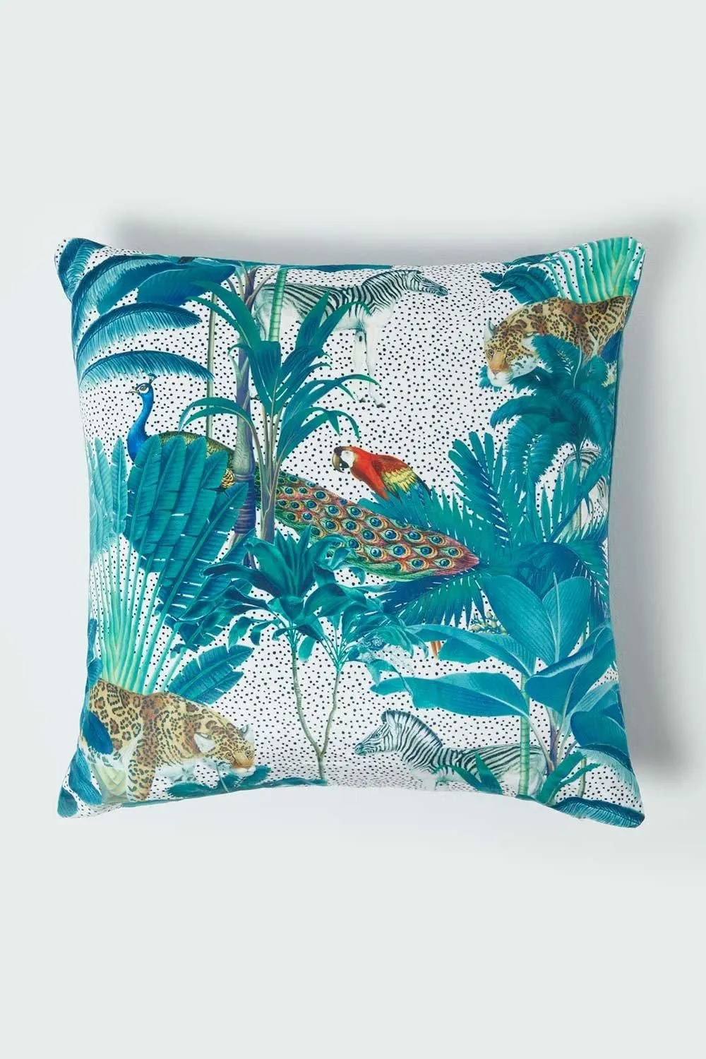 Homescapes Teal Jungle & Parrot Velvet Cushion 46 x 46 cm