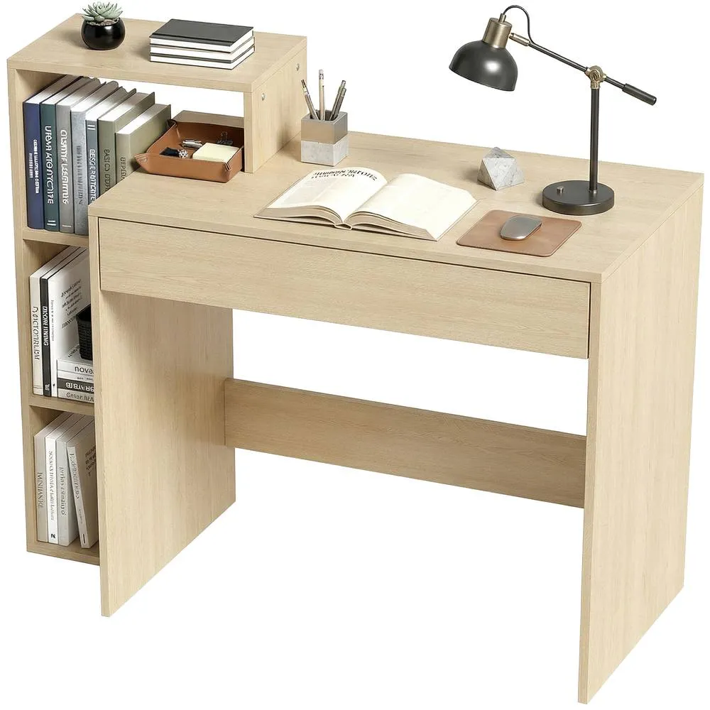 HOMCOM Computer Desk with 3 Open Shelves & Drawer, Natural