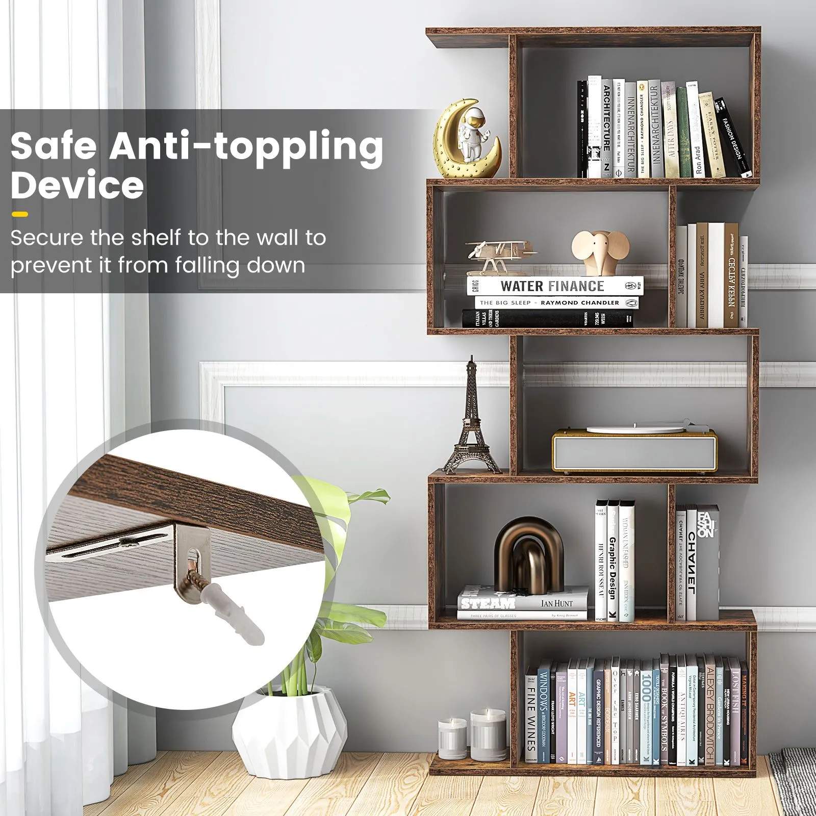 Costway 5-tier Bookcase S-Shaped Bookshelf Wooden Storage Display Rack in Brown 5