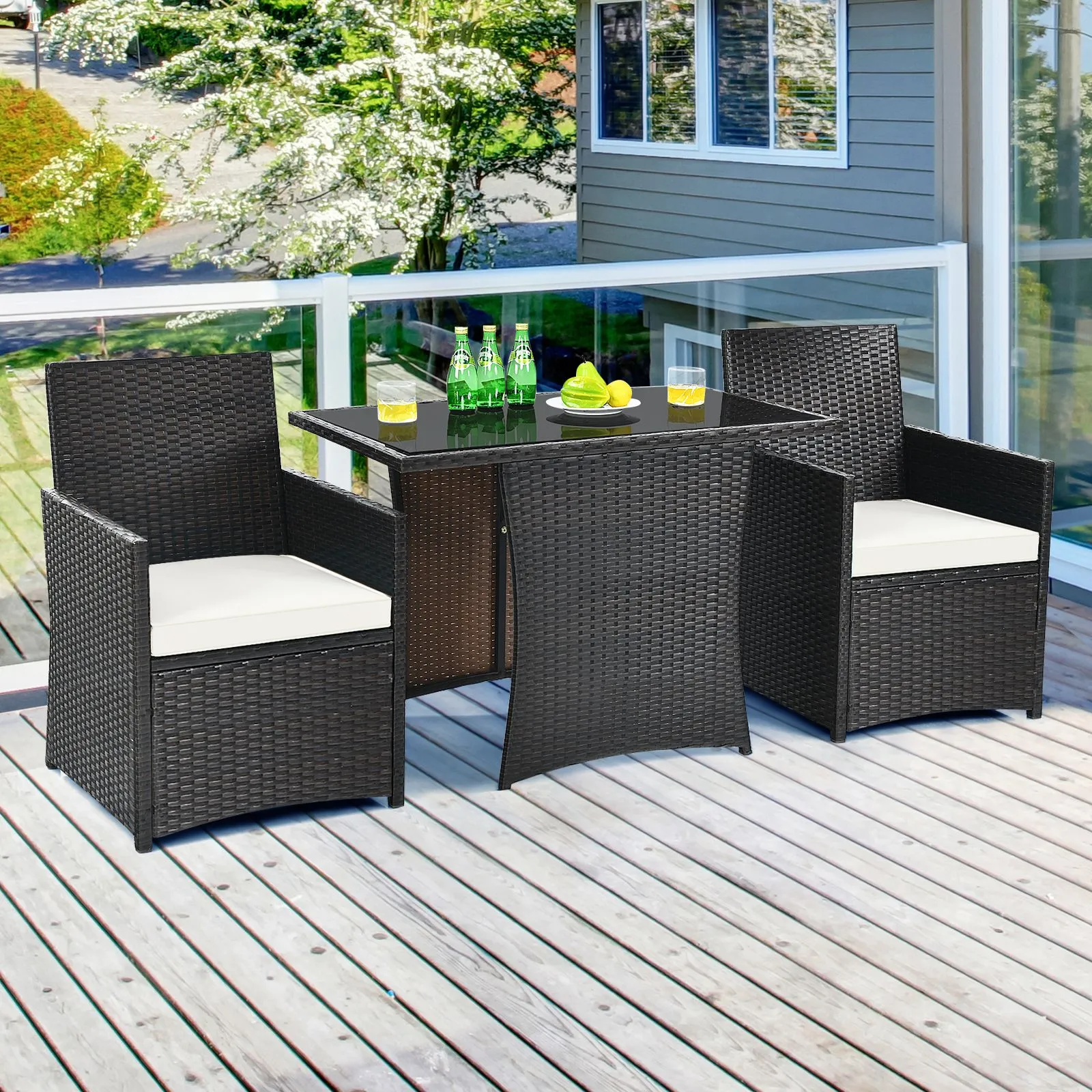 Costway 3 Pcs Patio PE Wicker Set w/ Coffee Table Garden Furniture Set in White 6