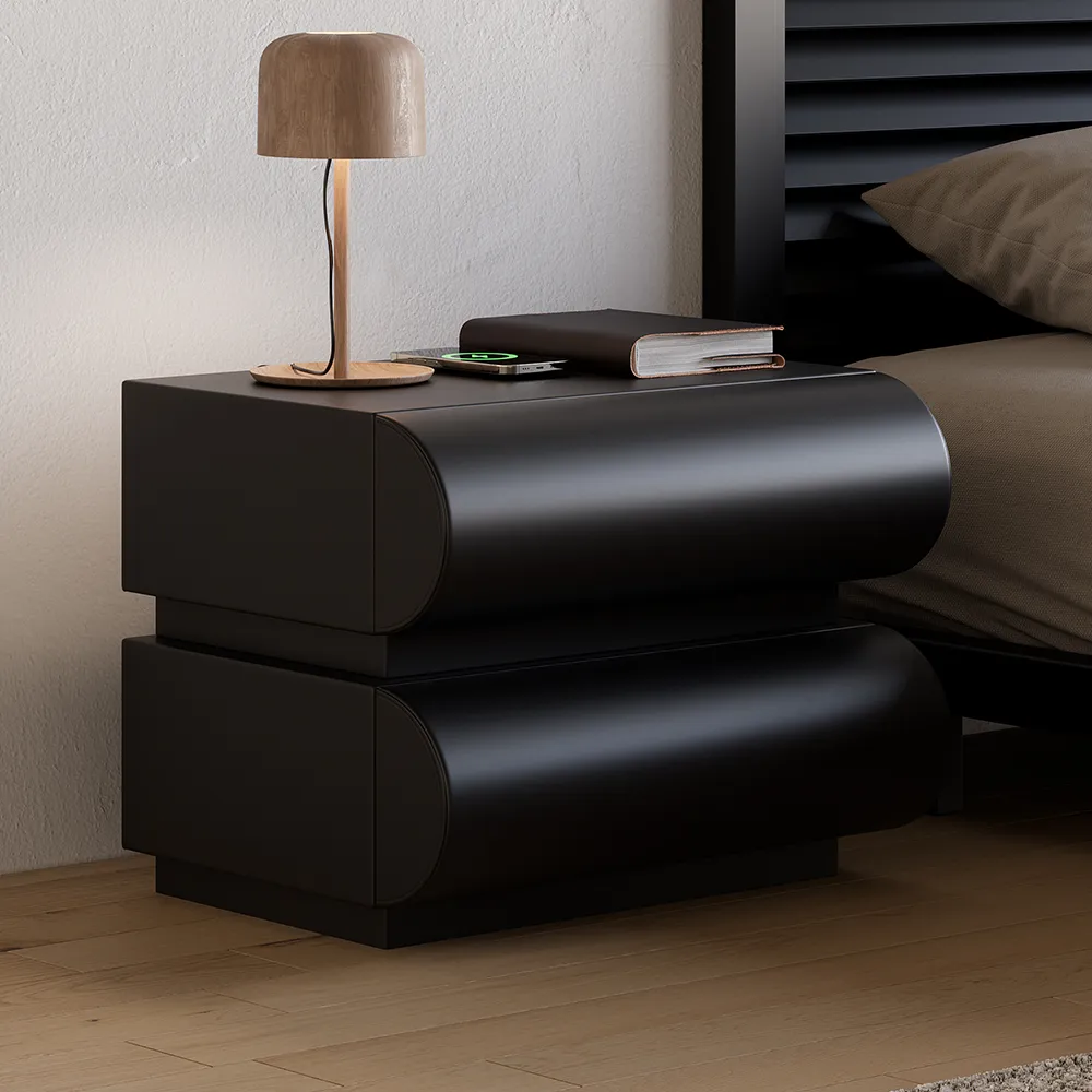 Modern Black Leather Smart Nightstand with Wireless Charger 2 Drawers Bedside Table with USB & Type-C Ports Set of 2