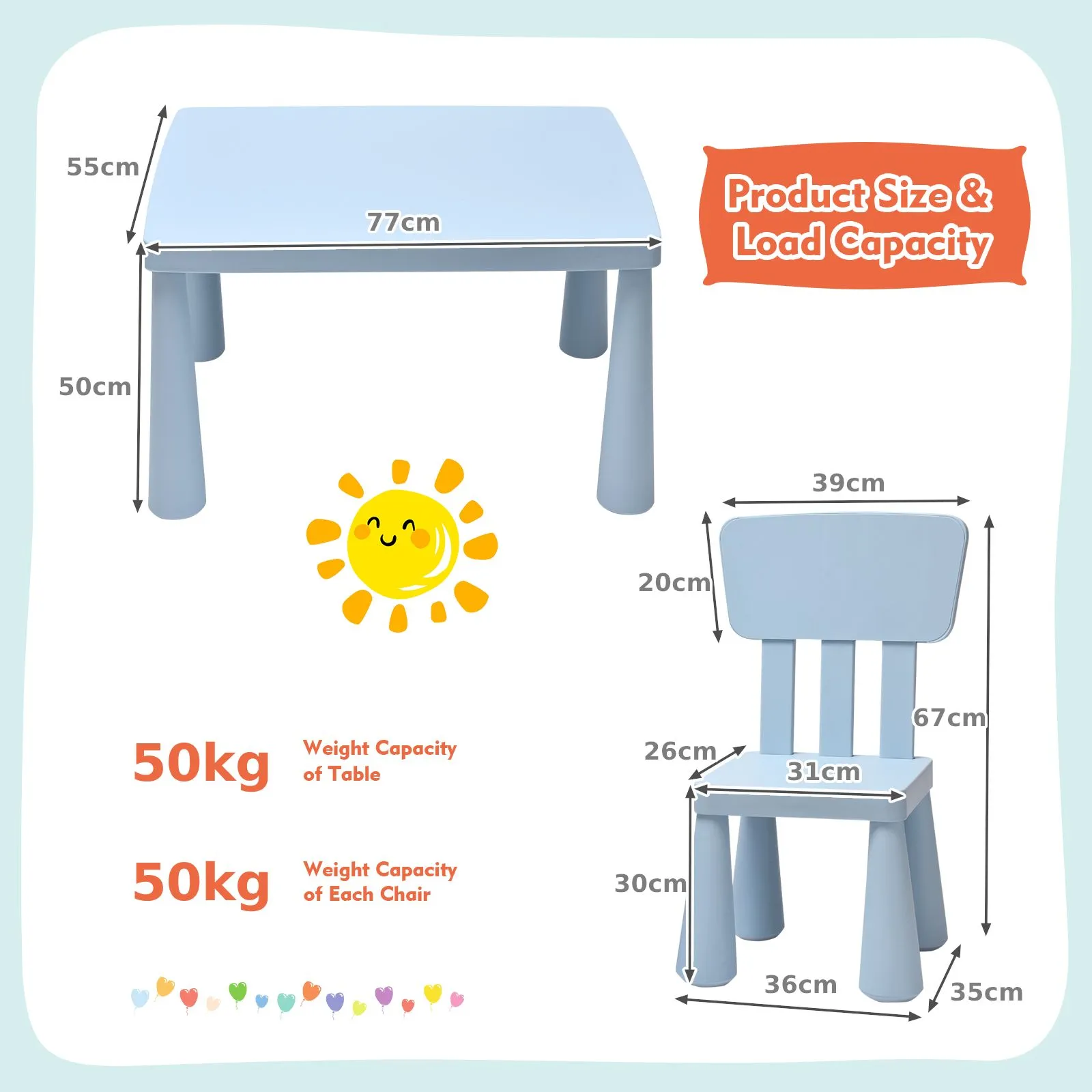 Costway Children Play Table with 2 Chairs Set for Eating Drawing Writing in Baby Blue 2