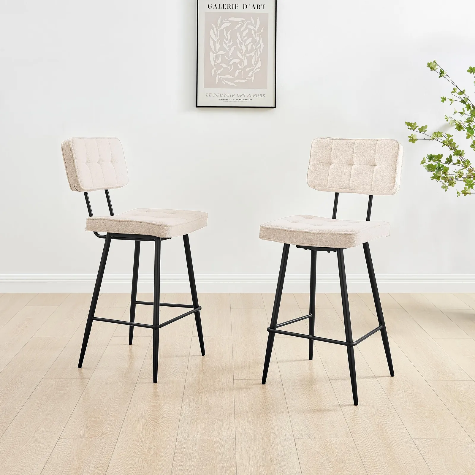 FurnitureboxUK Braxton 2x Cream Boucle Fabric Black Leg Counter Stools 5