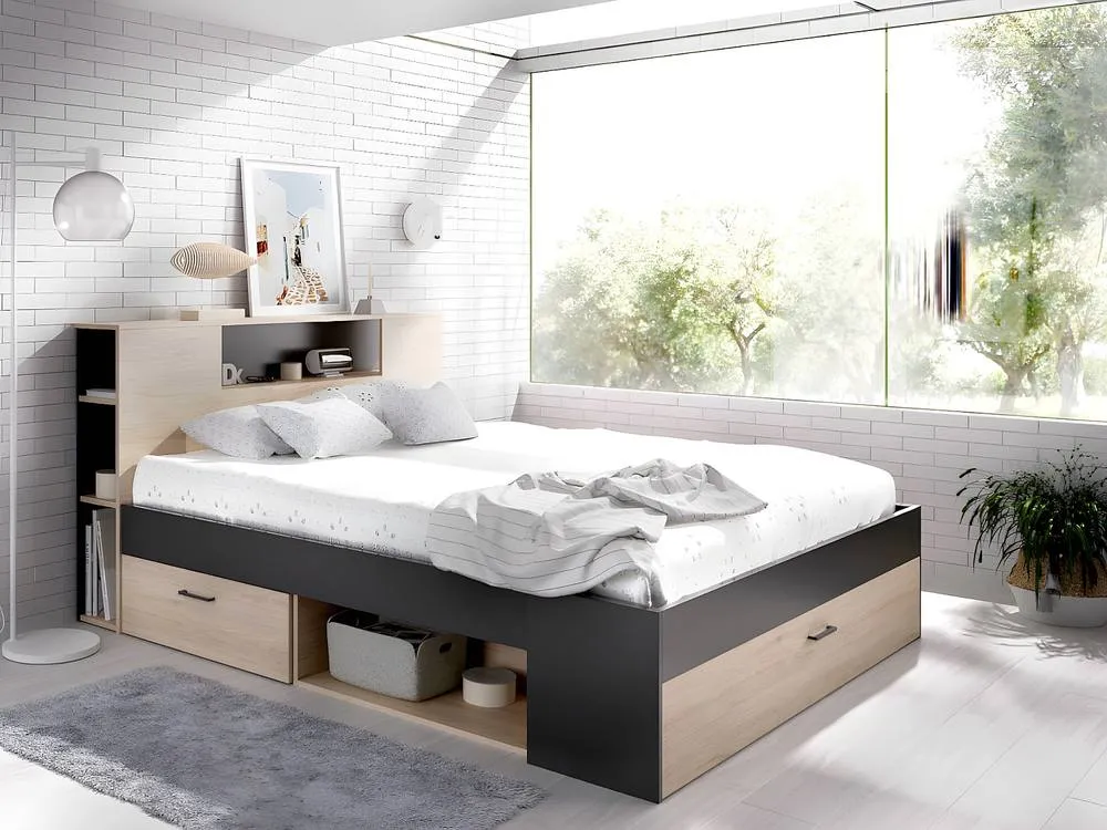 Vente-unique Bed With Headboard, Storage, Drawer & Bed Base - 90 X 190 Cm in Grey 4