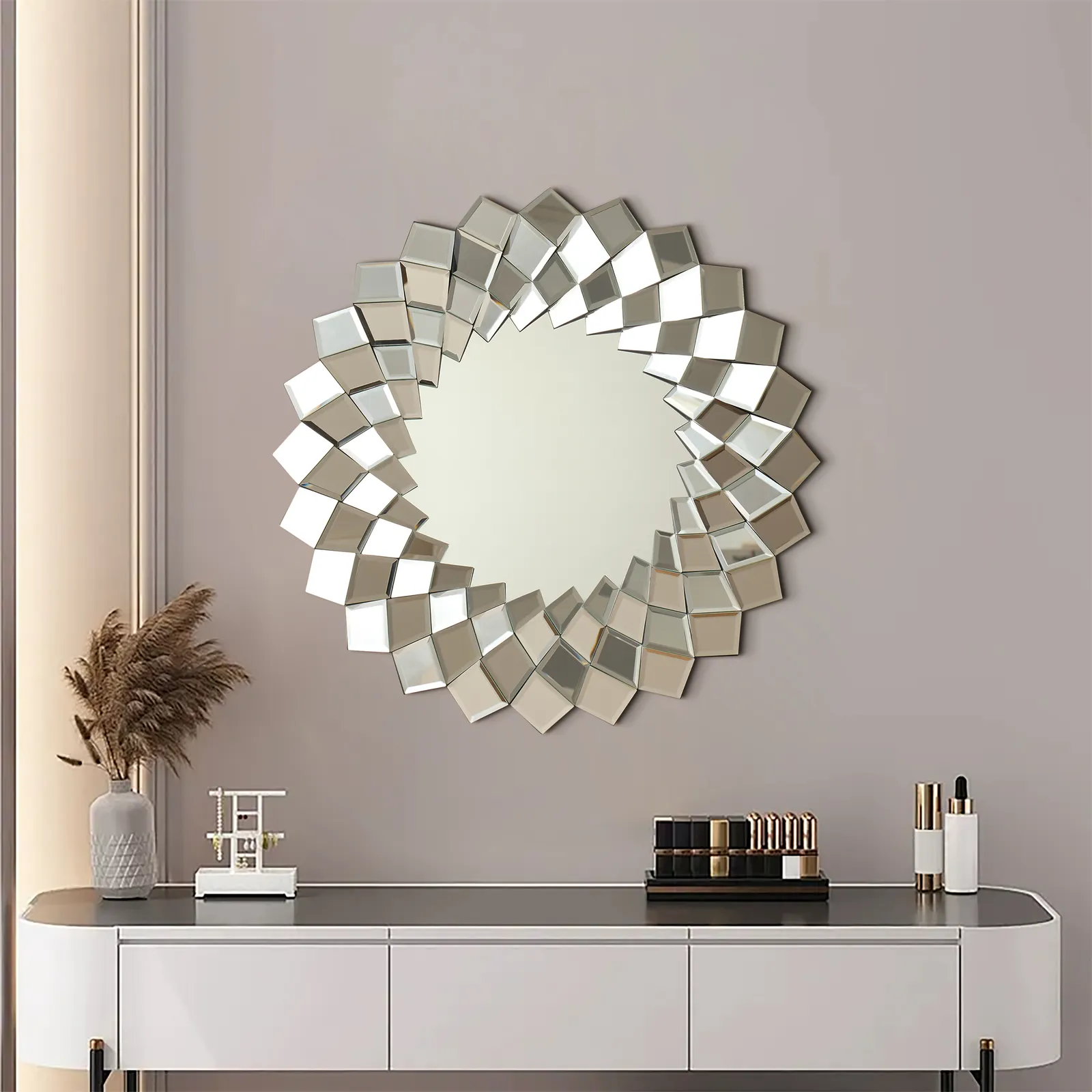 60 cm Diamond-Shaped Wall Mirror, Silver Round Decorative Mirror