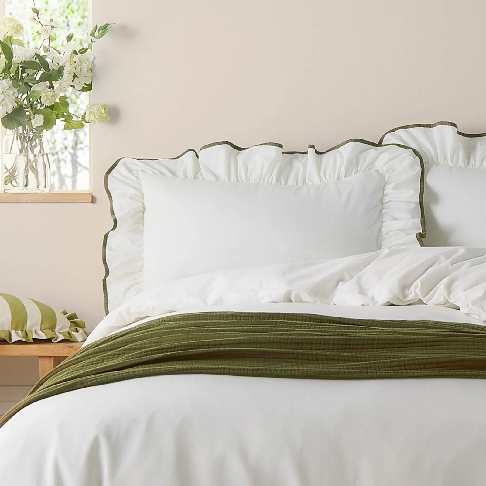 Wylder Blousey Ruffled 100% Cotton Pillowcase Pair in Olive 2