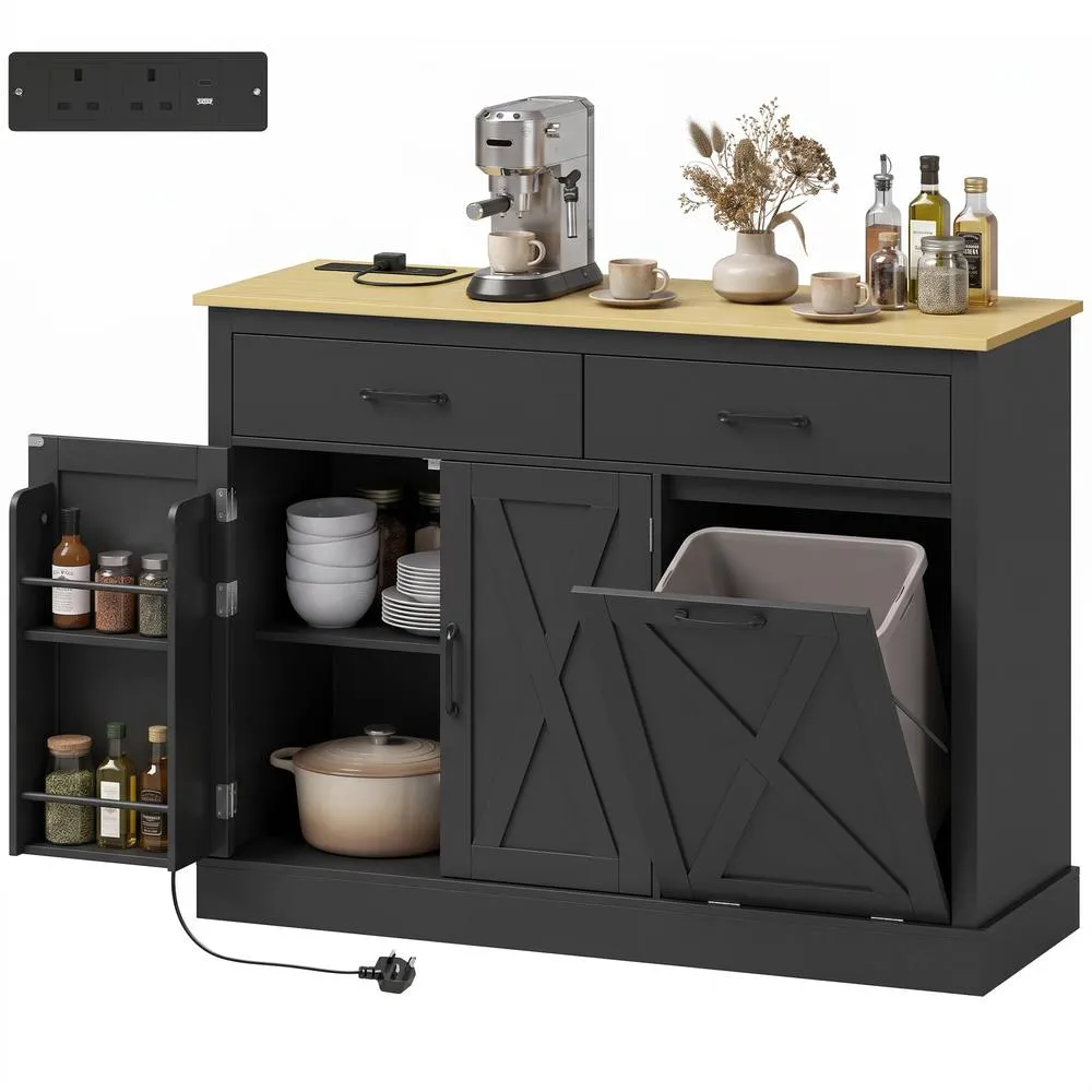 HOMCOM Tilt Out Trash Cabinet with Charging Station & Storage, Black