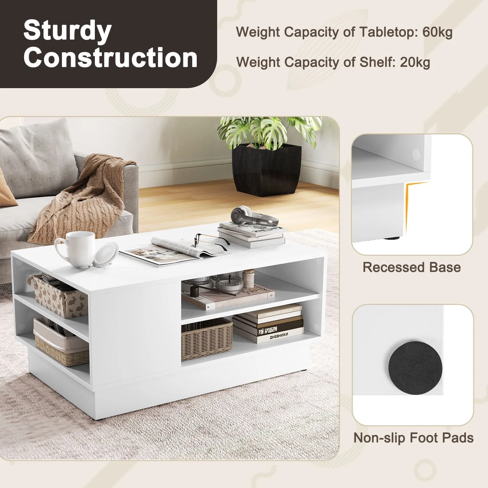 Costway Modern Coffee Table 86cm Long Rectangle Center Table w/ Storage Shelves in White 6