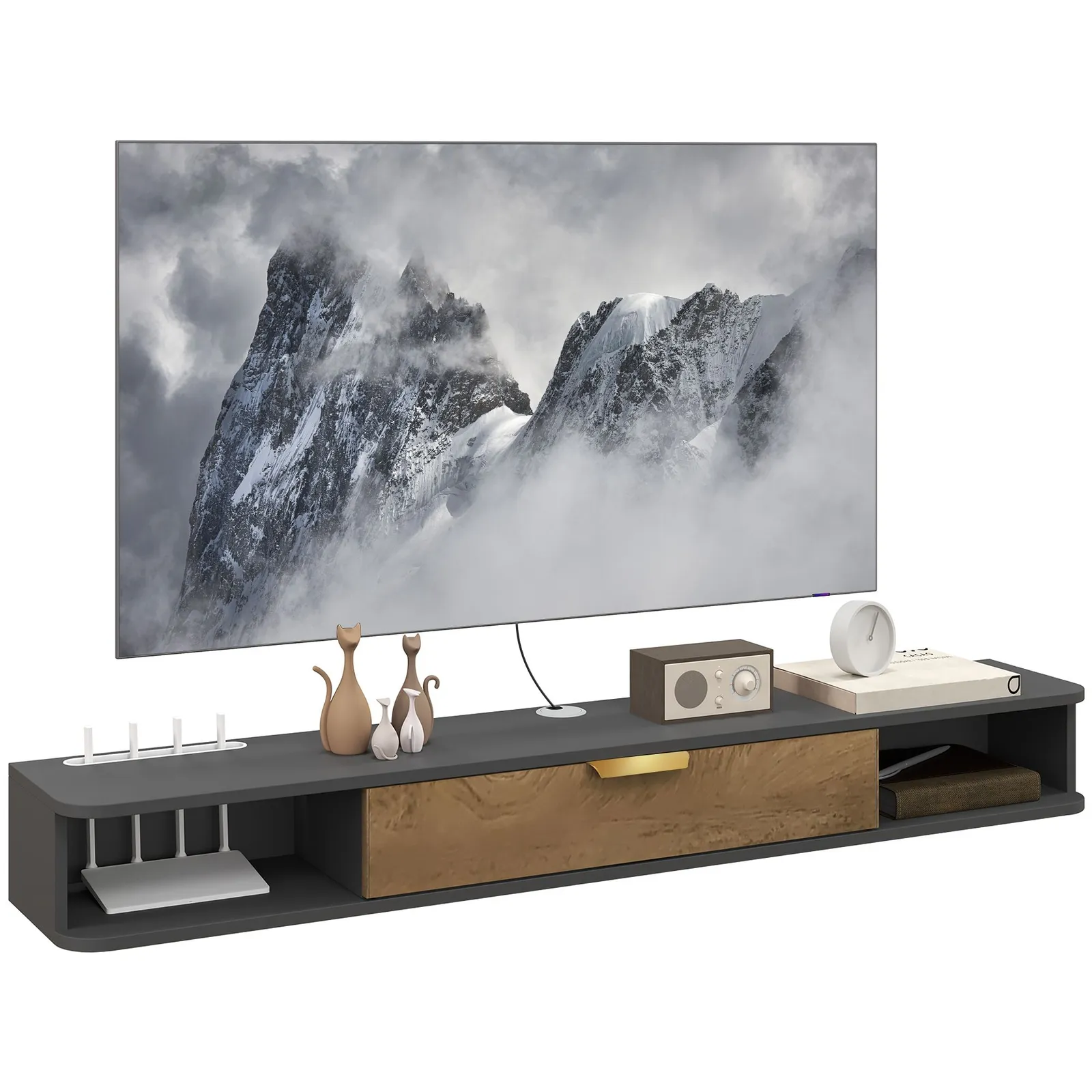 HOMCOM 140 cm Floating TV Unit with Storage Entertainment Media Console Grey in Dark Grey 2