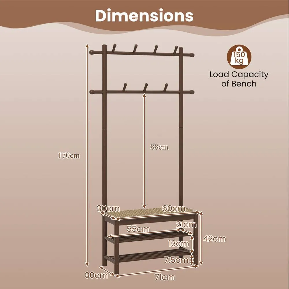 Costway Bamboo Coat Rack PE Rattan Hall Tree with Bench & Shoe Storage-Brown in Brown 4