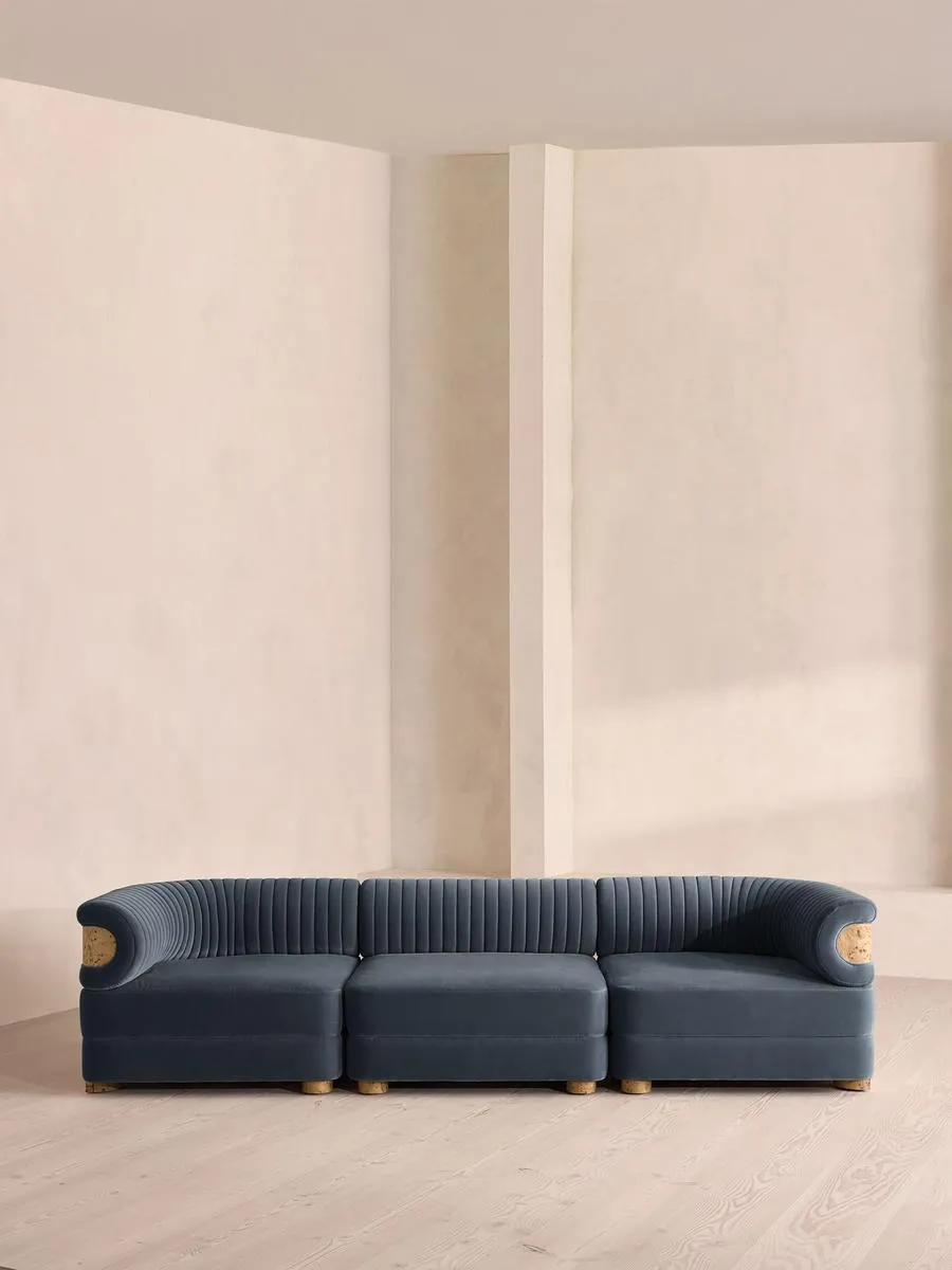 Caleb Modular Four Seater Sofa, Velvet, Grey Blue, Blonde Burl