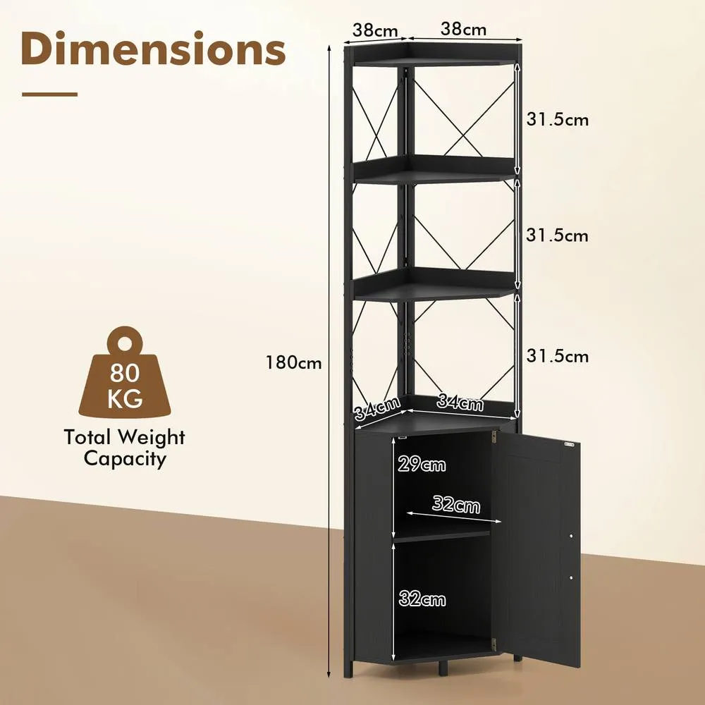 Costway Modern Corner Shelf 180cm Tall Corner Cabinet Bookshelf Display Rack in Black 4