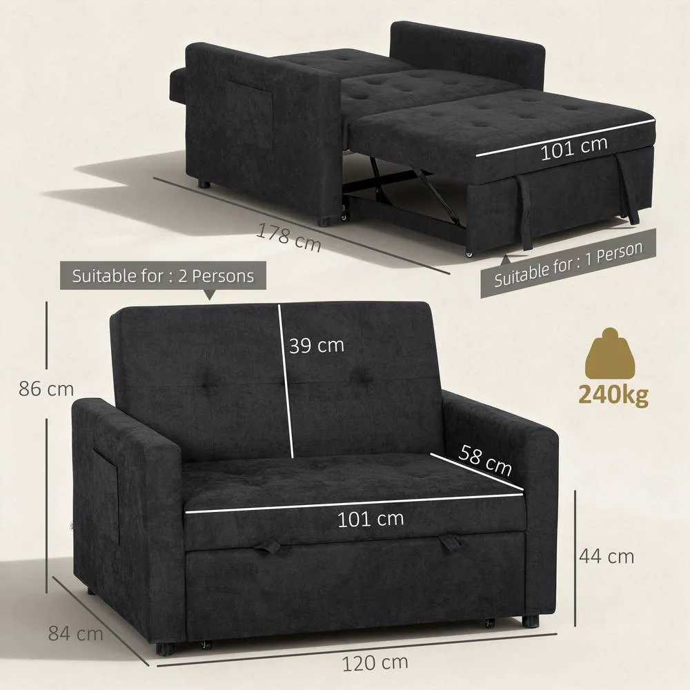 HOMCOM 2 Seater Sofa Bed Convertible Bed Settee with Pillows, Black 3