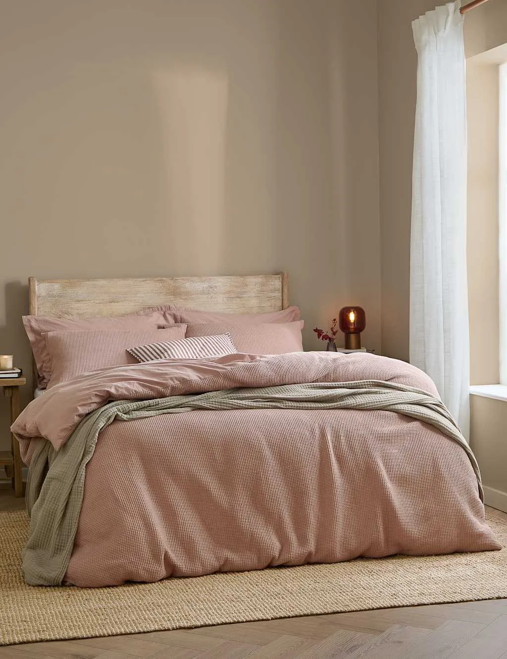 YARD Pure Cotton Percale Hebden Waffle Bedding Set Soft Pink