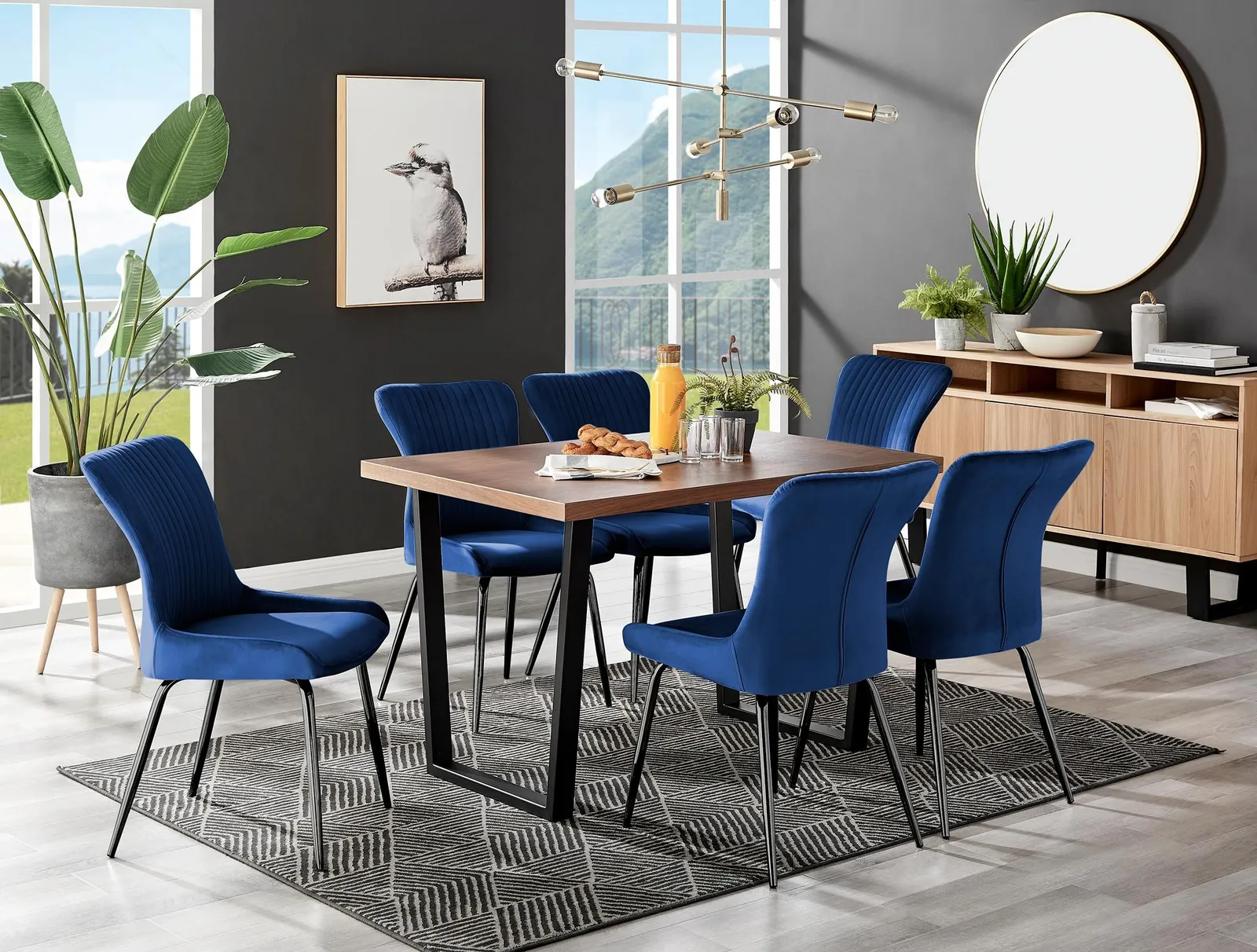 FurnitureboxUK Kylo Large Brown Wood Effect Dining Table & 6 Nora Black Leg Velvet Chairs in Blue