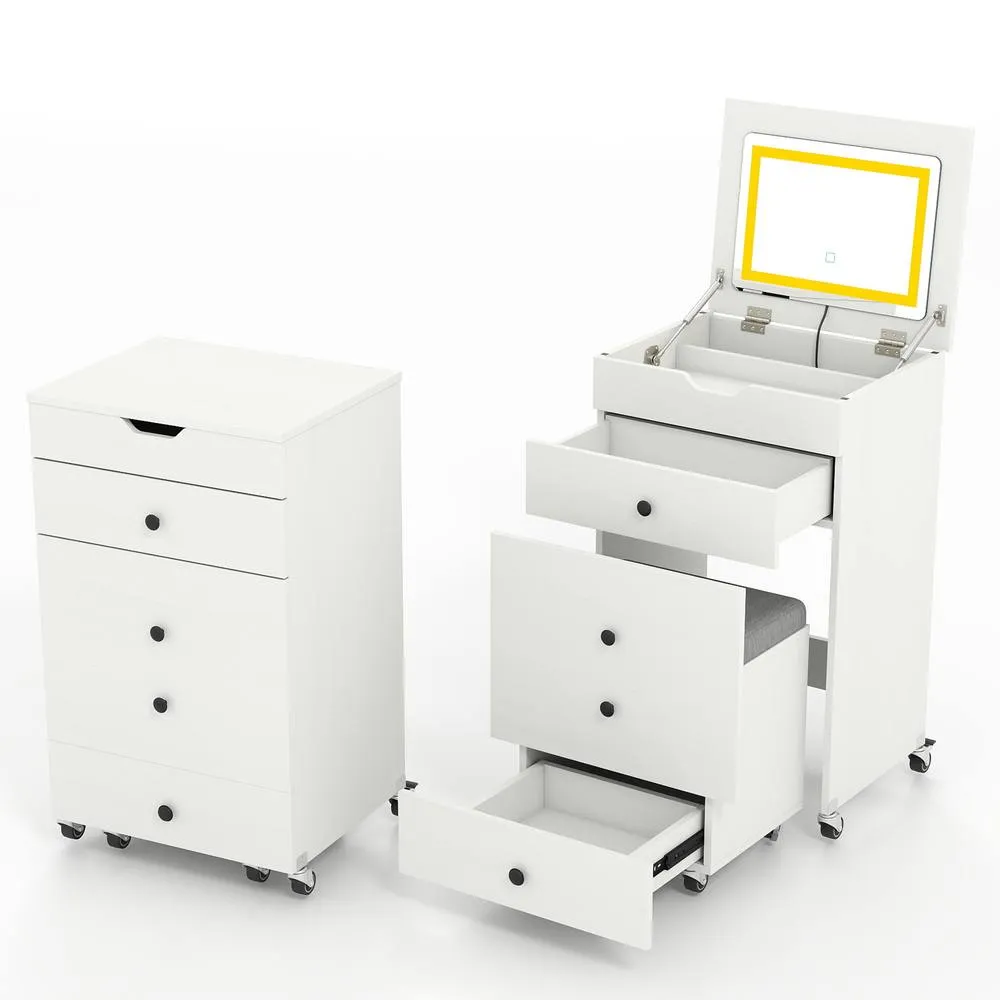 Costway 3-in-1 Vanity Desk Set w/Flip-top Mirror & Lights Makeup Table w/Stool in White