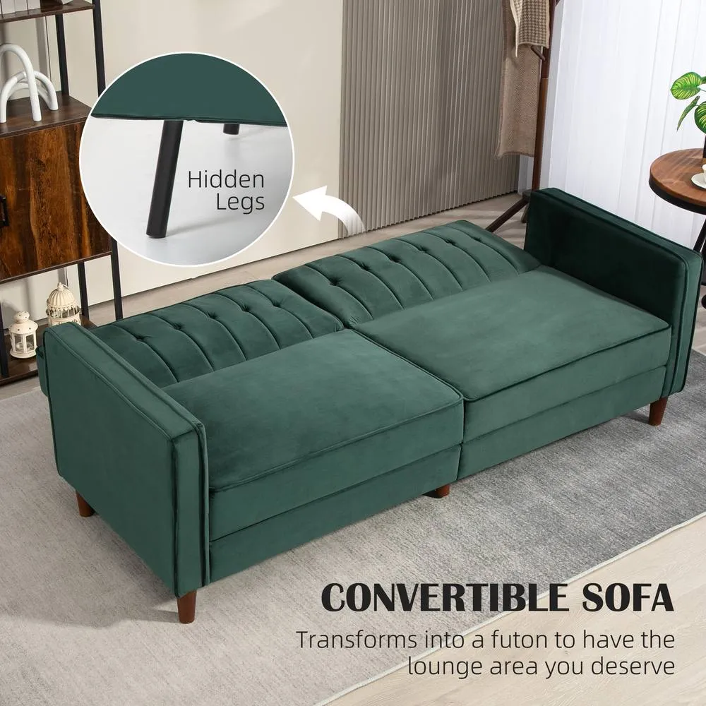 HOMCOM Convertible Sofa Futon Velvet-Touch Tufted Couch Sofa Bed Green 4