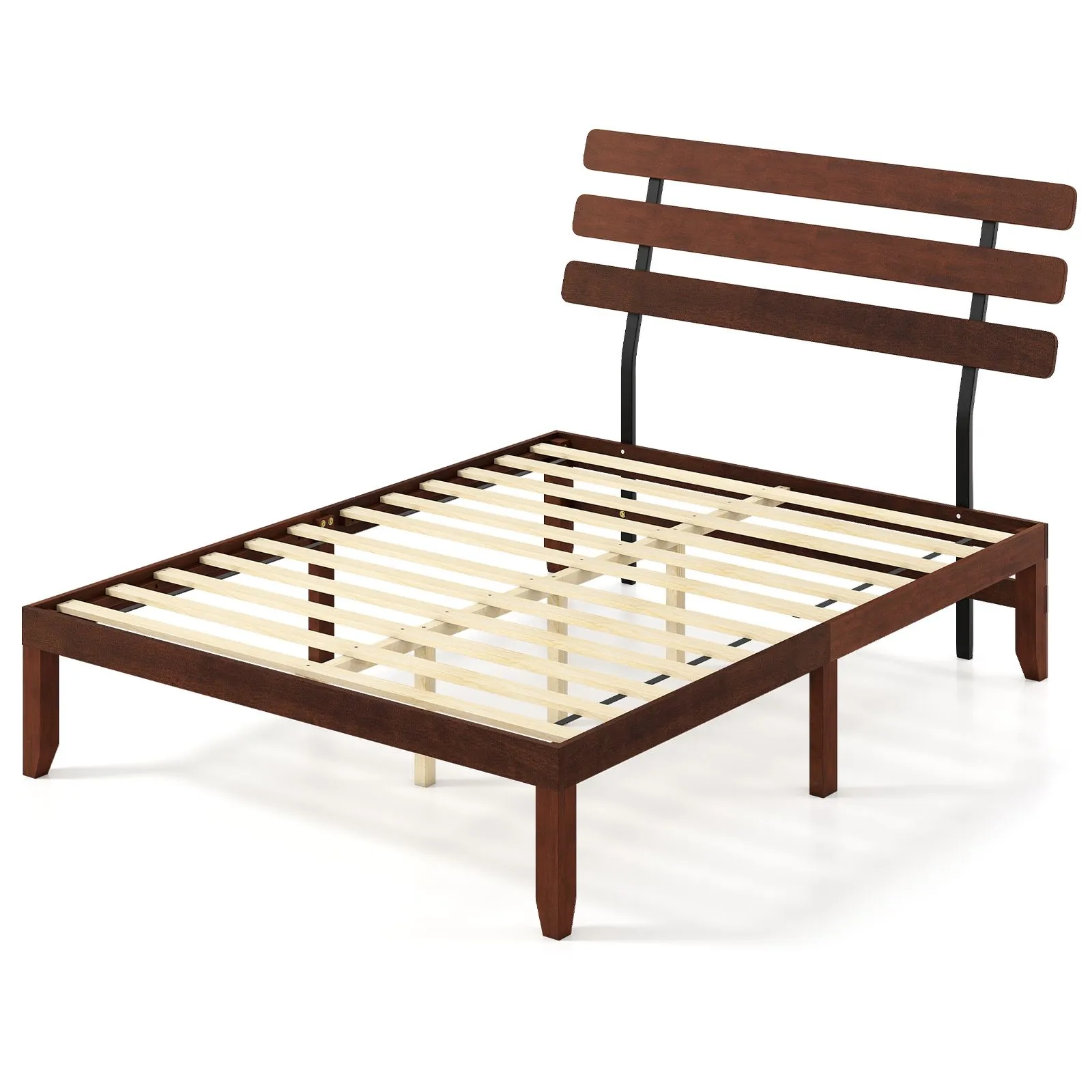 Costway King Size Bed Frame Solid Wood Platform Bed w/Retro Headboard in Walnut