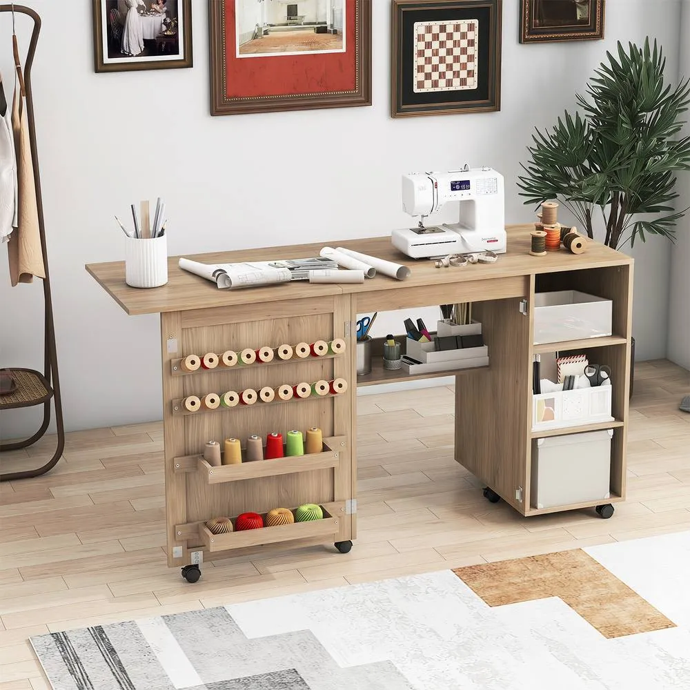 Costway Folding Sewing Table Rolling Sewing Machine Craft Station w/18 Pegs in Brown 3
