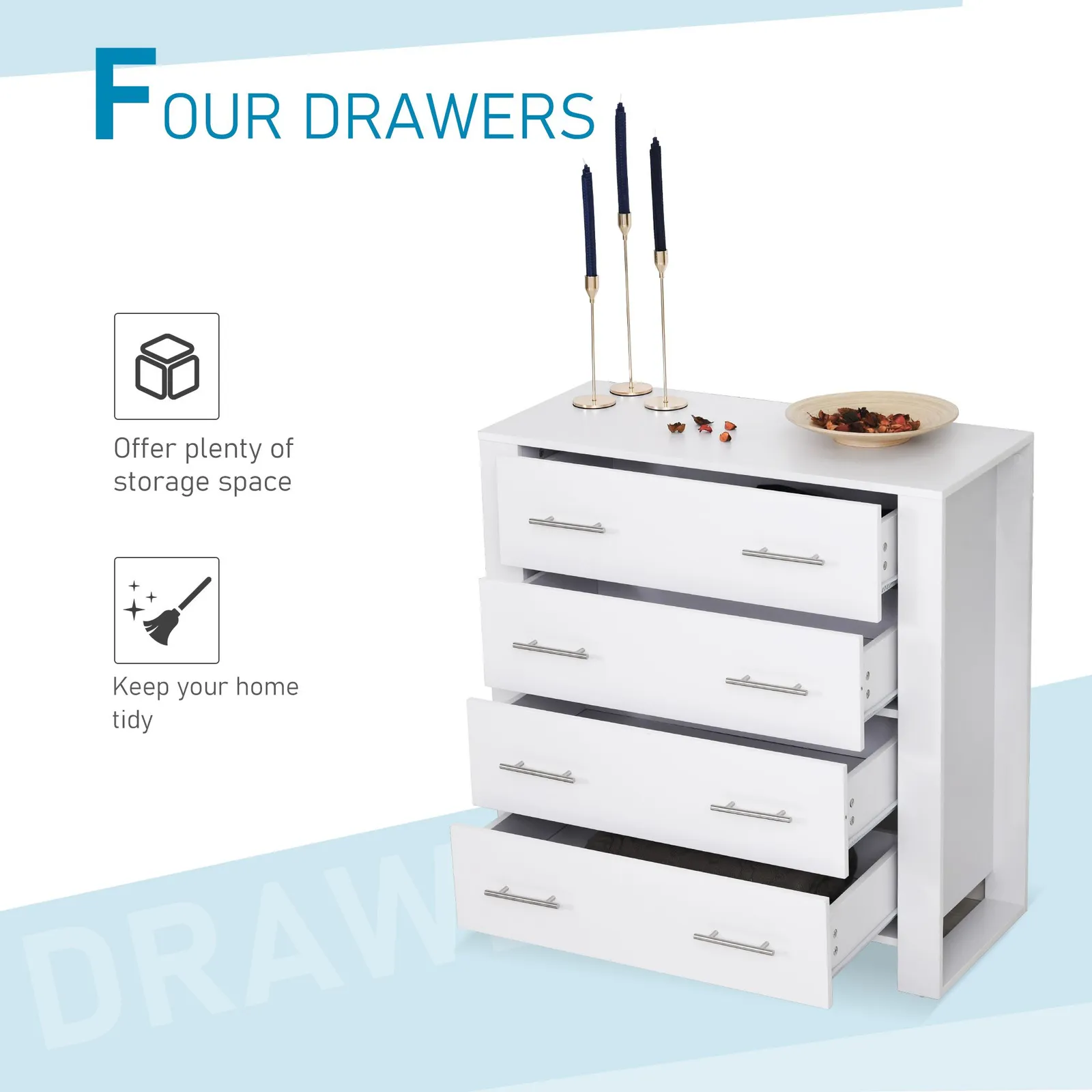 HOMCOM Chest Of 4 Drawers Home Storage Clothes Cabinet Metal Handles Base in White 5
